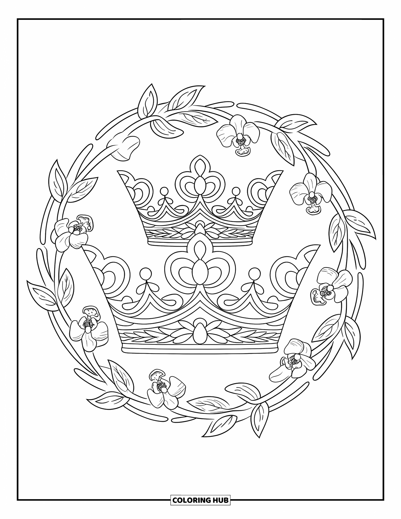 Crown Coloring Page for Adults: A detailed crown is wrapped in vines and orchids forming a circular frame