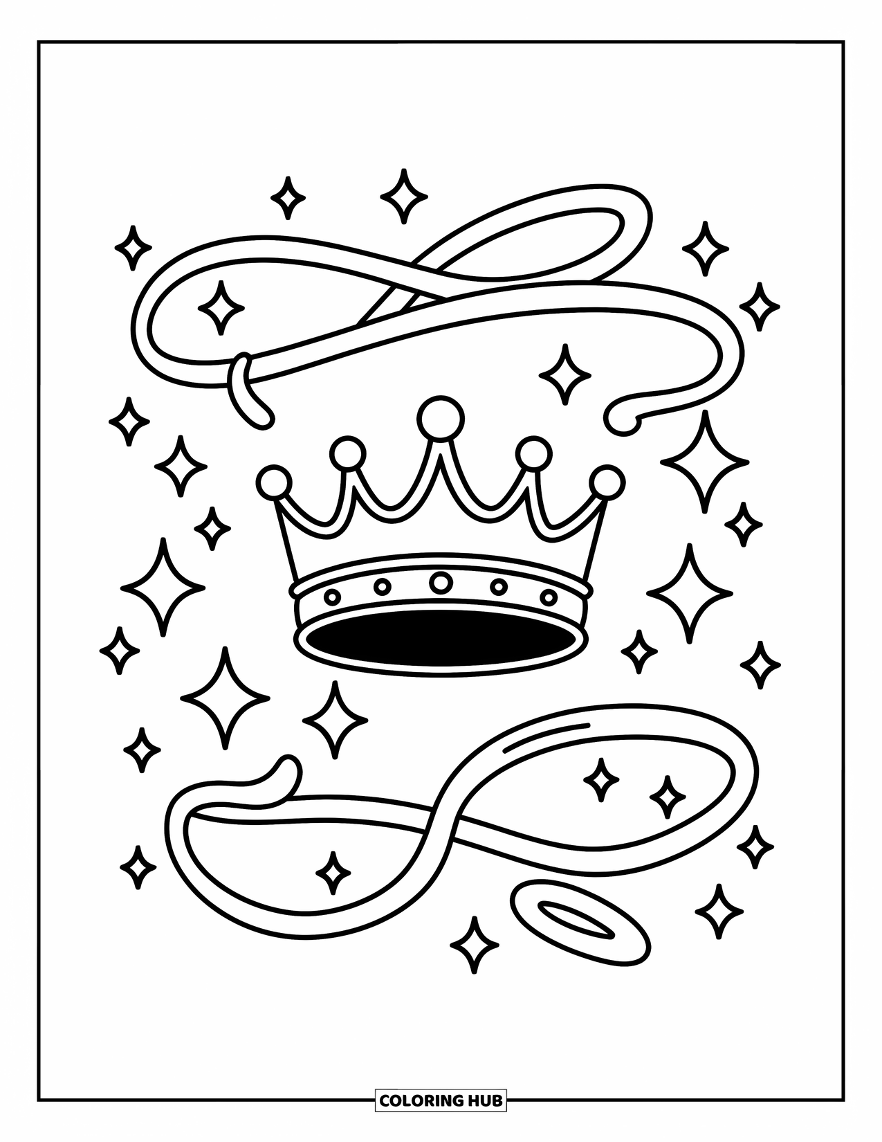 Crown Coloring Page for Adults: A floating crown sparkles with magic trails, ribbons, and gem shapes