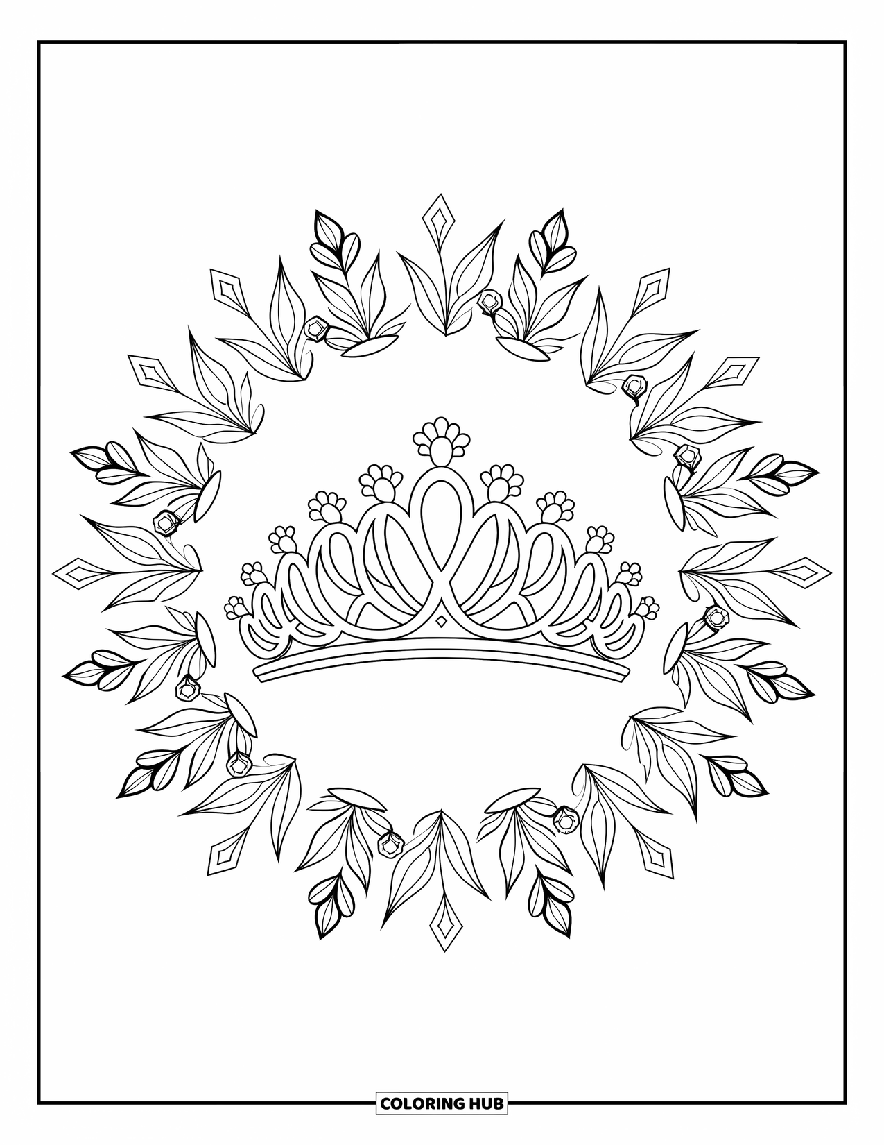 Crown Coloring Page for Adults: A floral tiara is framed by leafy clusters and gem-like shapes
