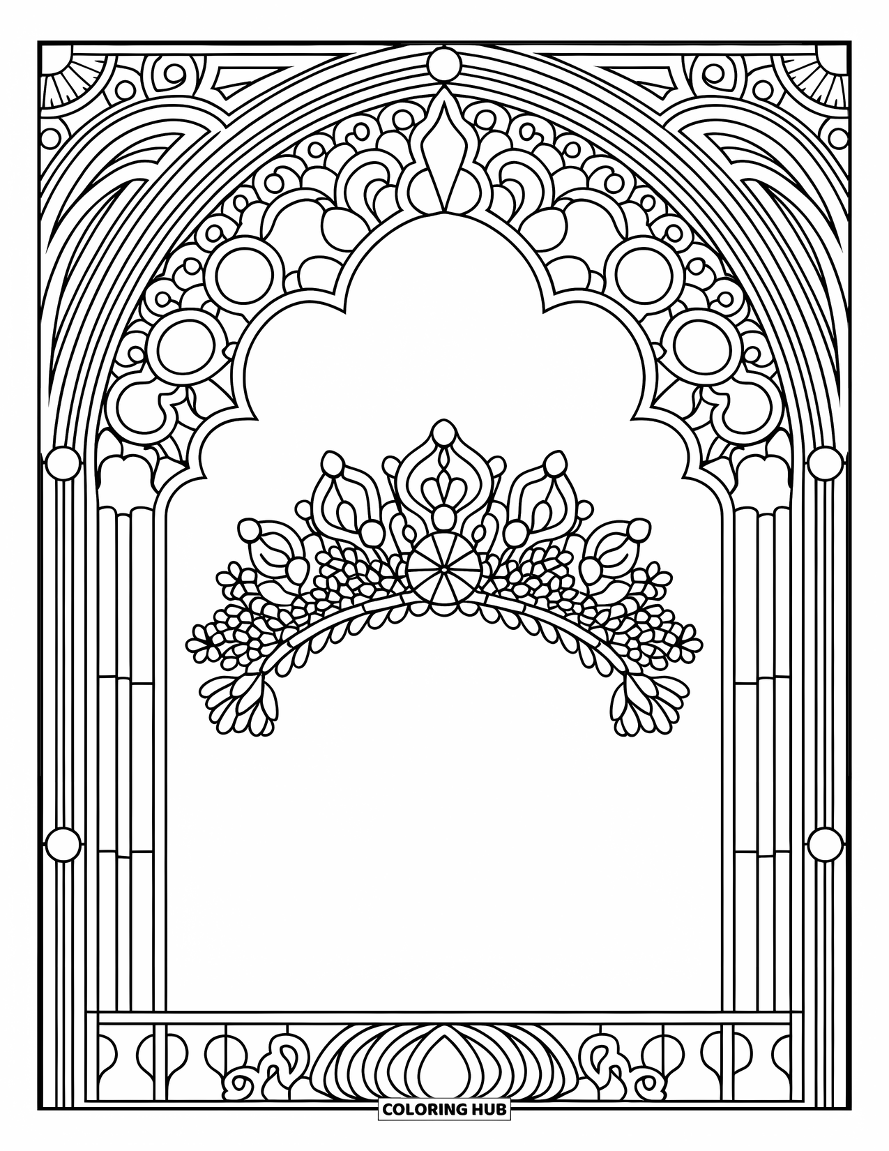 Crown Coloring Page for Adults: A floral tiara sits at the center of an intricate stained glass design