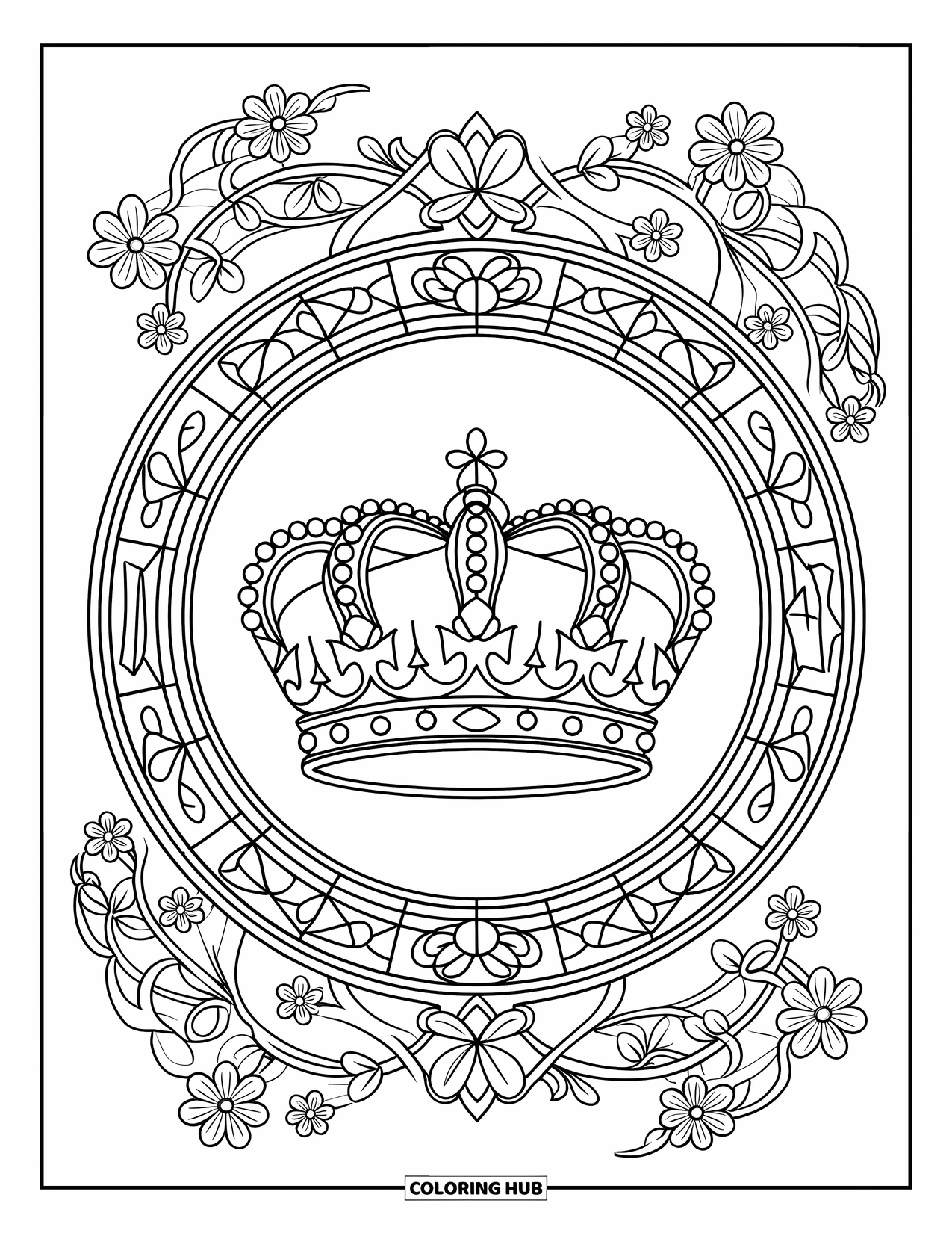 Crown Coloring Page for Adults: A gem-studded crown is surrounded by floral patterns and stained glass borders