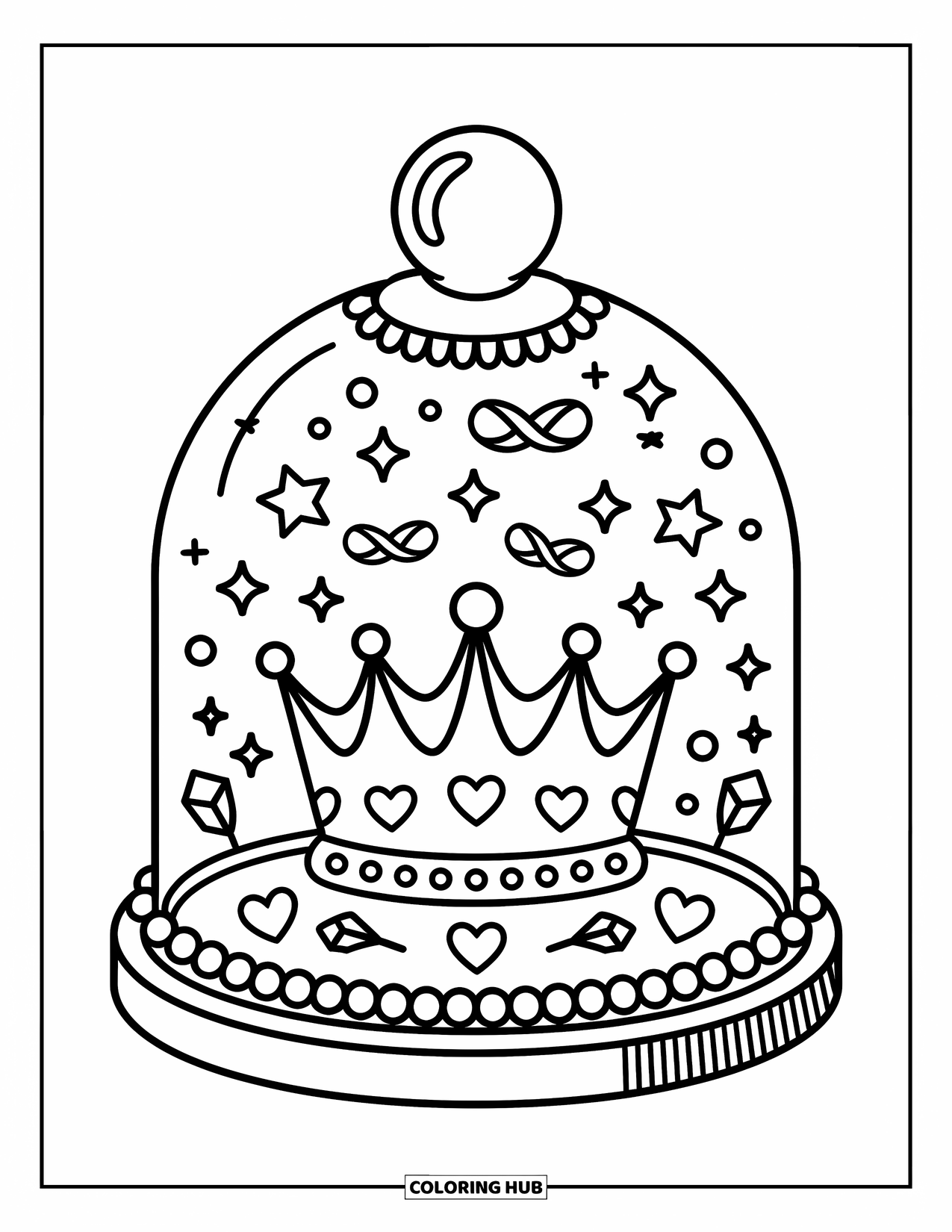 Crown Coloring Page for Adults: A glass dome sparkles around a crown with stars, ribbons, and heart carvings
