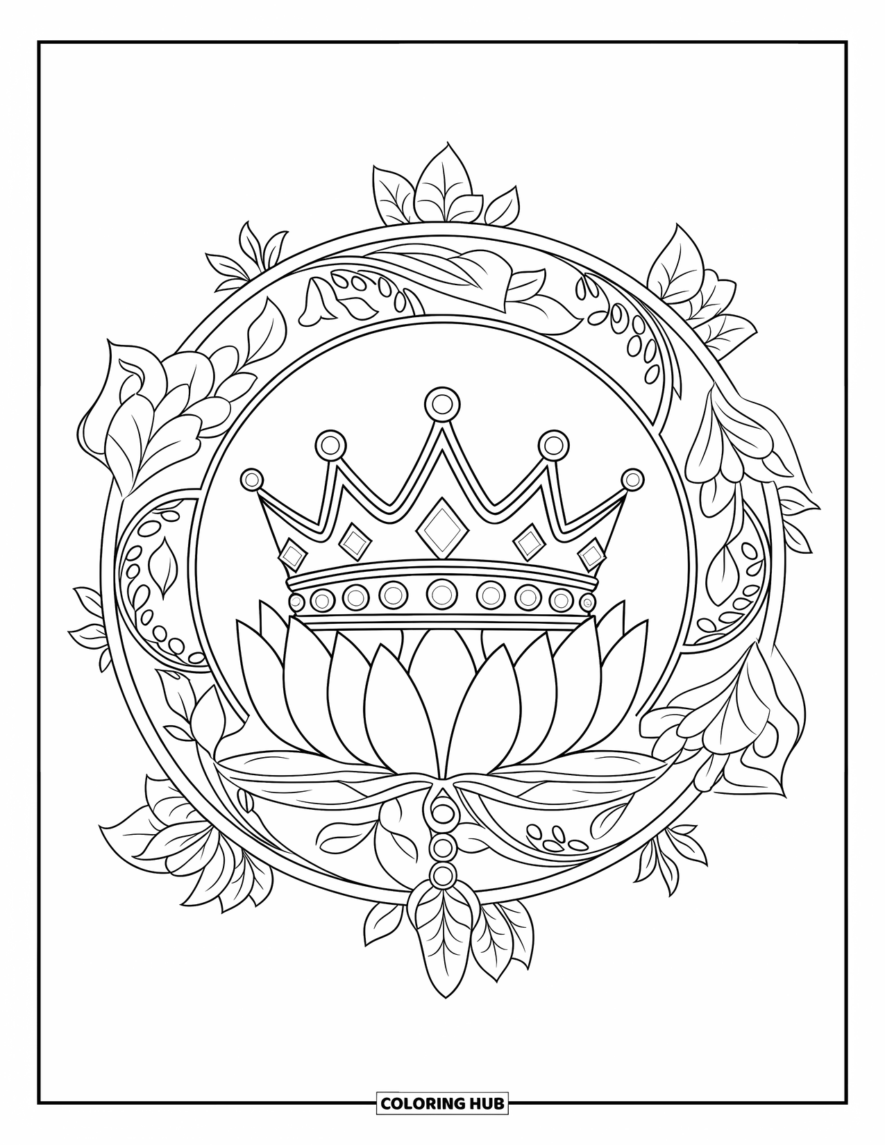 Crown Coloring Page for Adults: A jeweled crown rests in a lotus mandala with detailed vines and petals