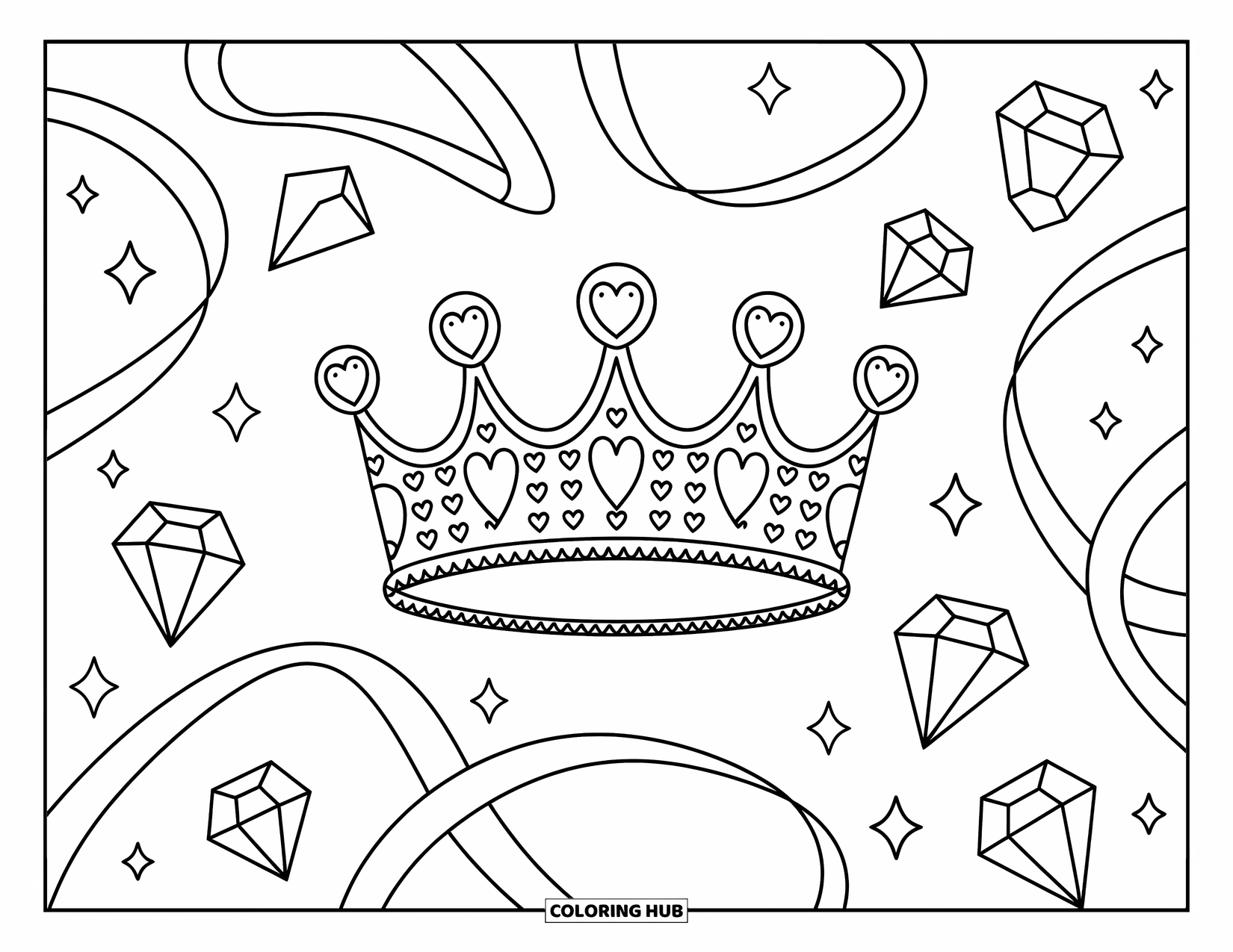 Crown Coloring Page for Adults: A playful crown with swirls and hearts is wrapped in ribbons and gem-shaped sparkles