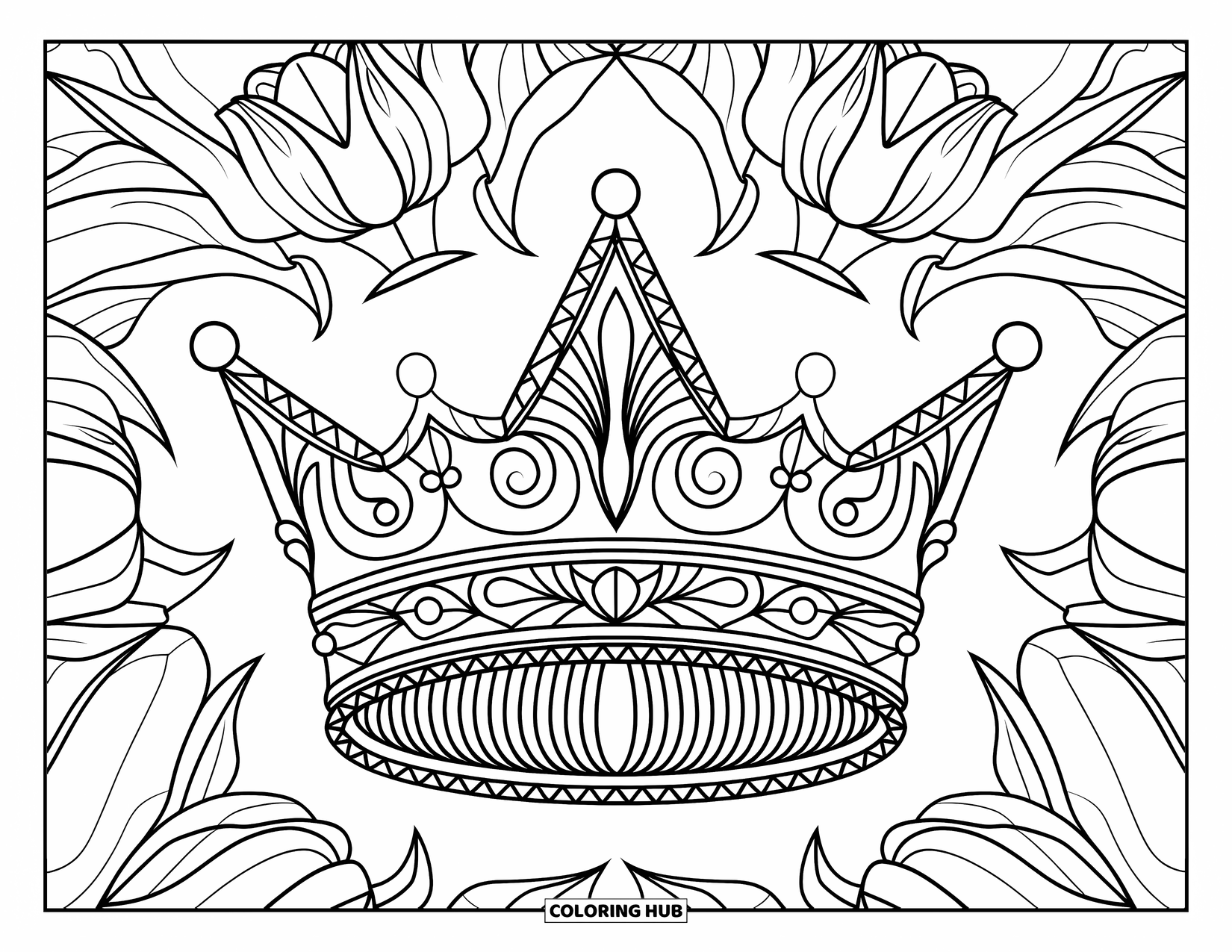 Crown Coloring Page for Adults: A pointed crown rests inside a tulip-filled mandala with artistic flair