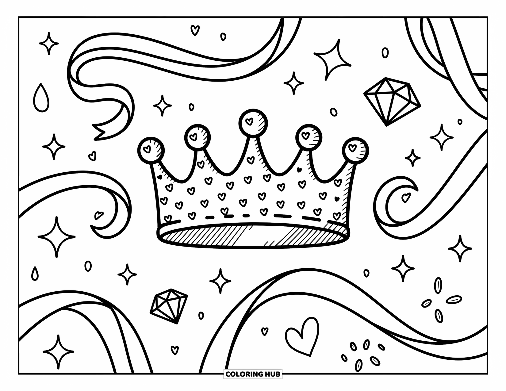 Crown Coloring Page for Adults: A rounded crown with hearts and swirls shines with stars, ribbons, and floating gems