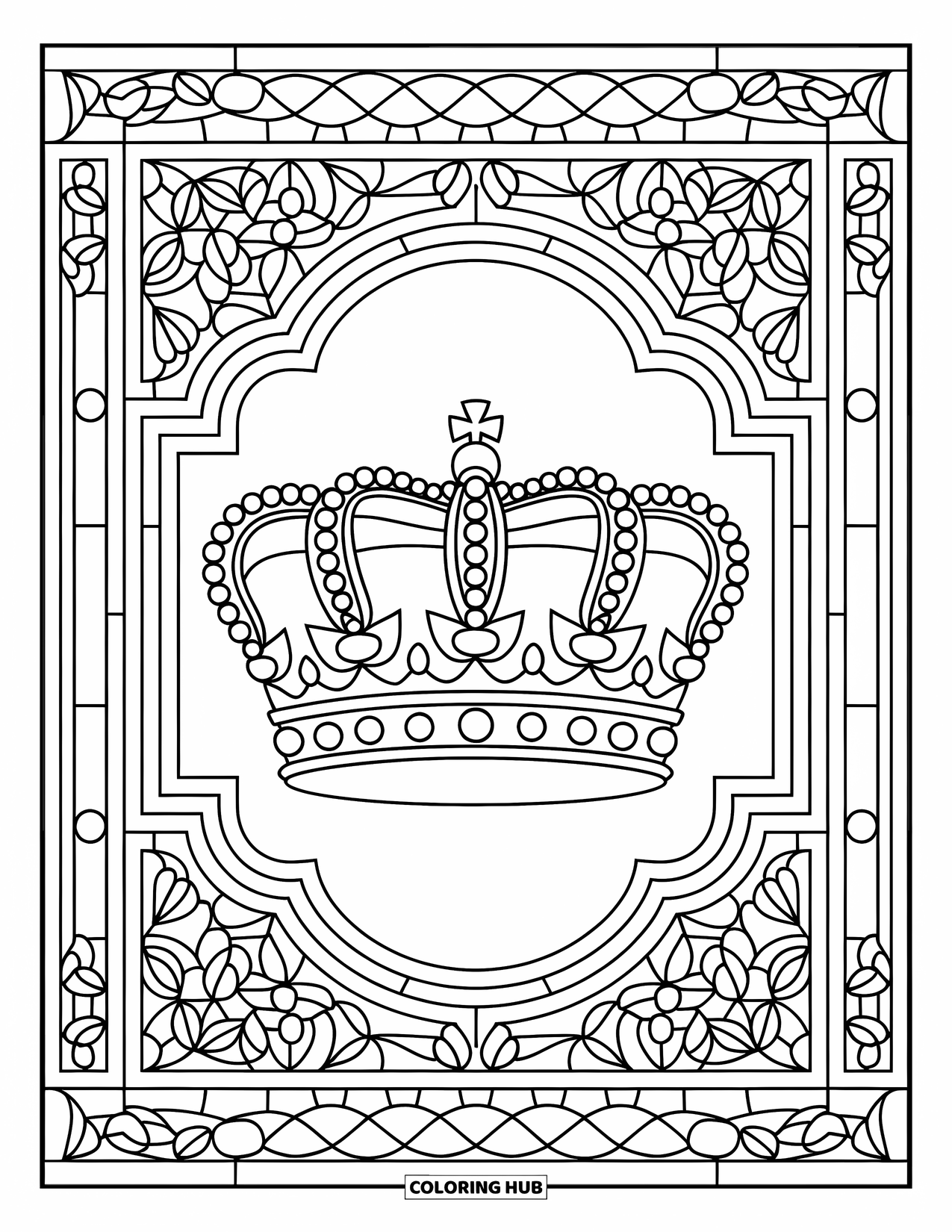 Crown Coloring Page for Adults: A royal crown is framed by stained glass and floral lattice patterns