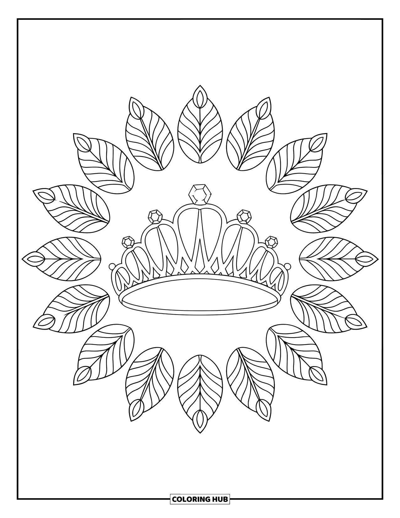 Crown Coloring Page for Adults: A simple tiara sparkles in a sunburst of leaves and gem shapes