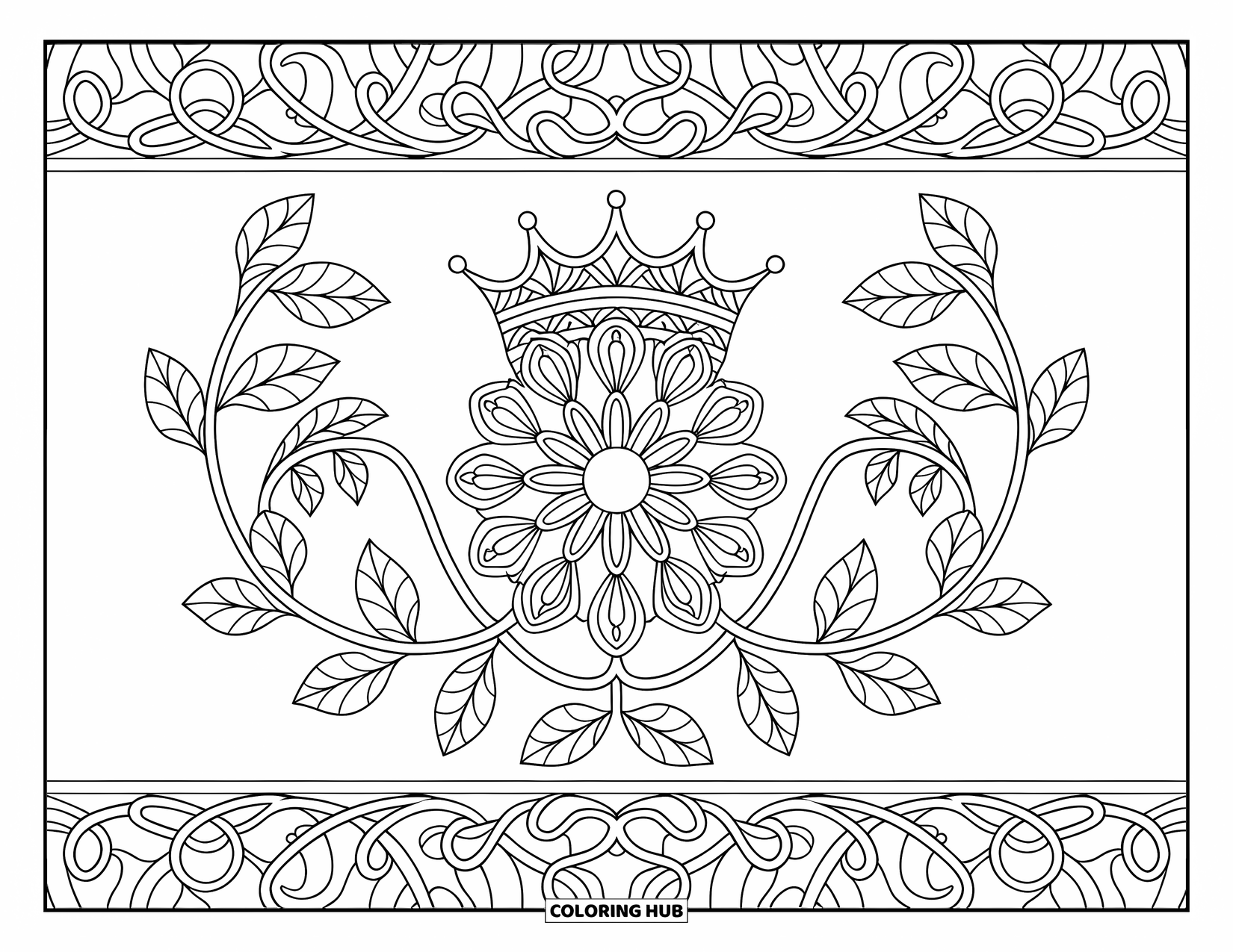 Crown Coloring Page for Adults: A spiked crown is framed by twisting vines, flower petals, and a decorative border