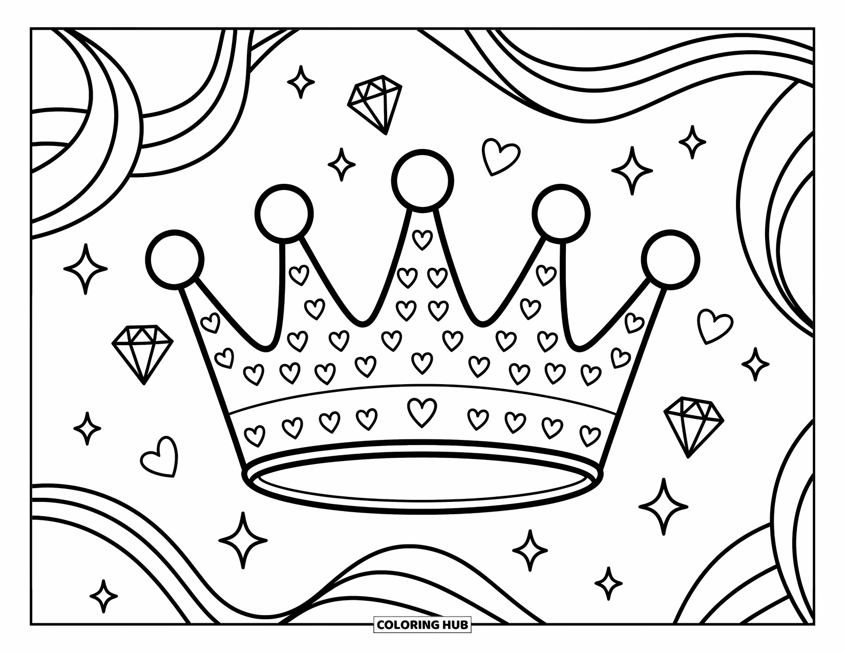Crown Coloring Page for Adults: A swirly crown with rounded arches is circled by ribbons and floating jewel shapes
