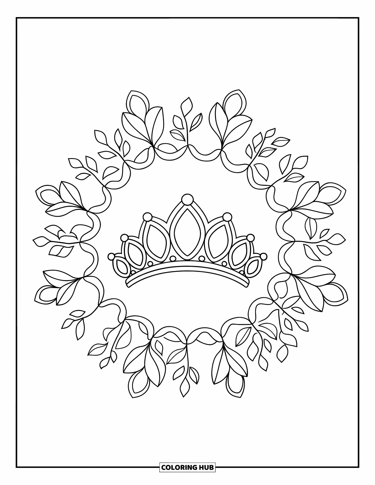 Crown Coloring Page for Adults: A tiara rests within a leafy, gem-like sunburst pattern