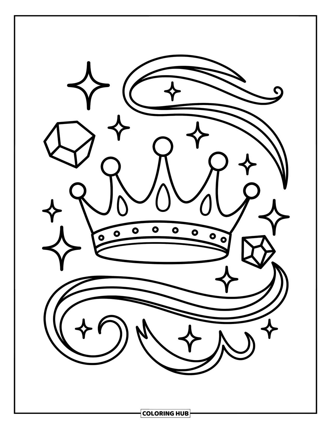 Crown Coloring Page for Adults: A whimsical crown floats with magic sparkles, ribbons, and tiny gems all around