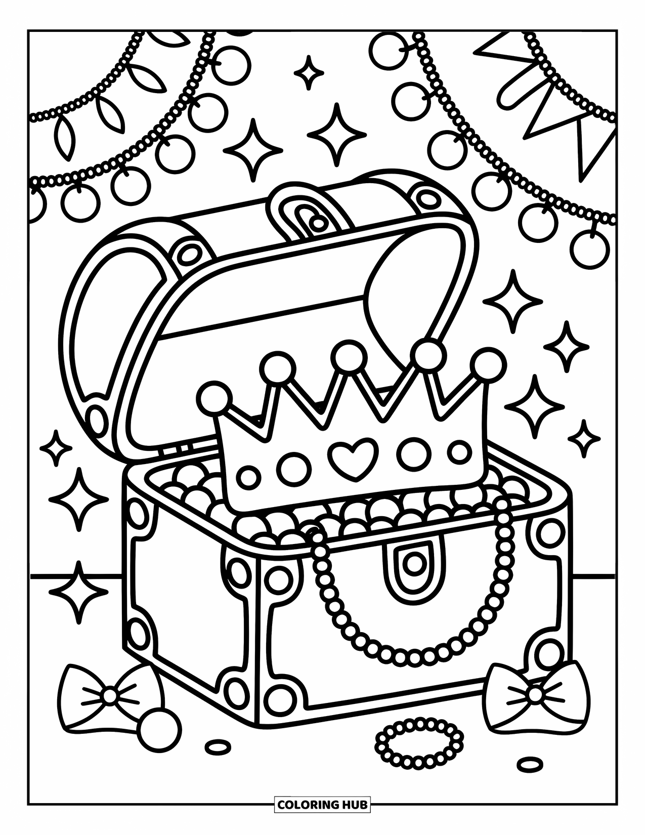 Crown Coloring Page for Adults: An open chest reveals a crown tucked among pearls, bows, and little sparkles