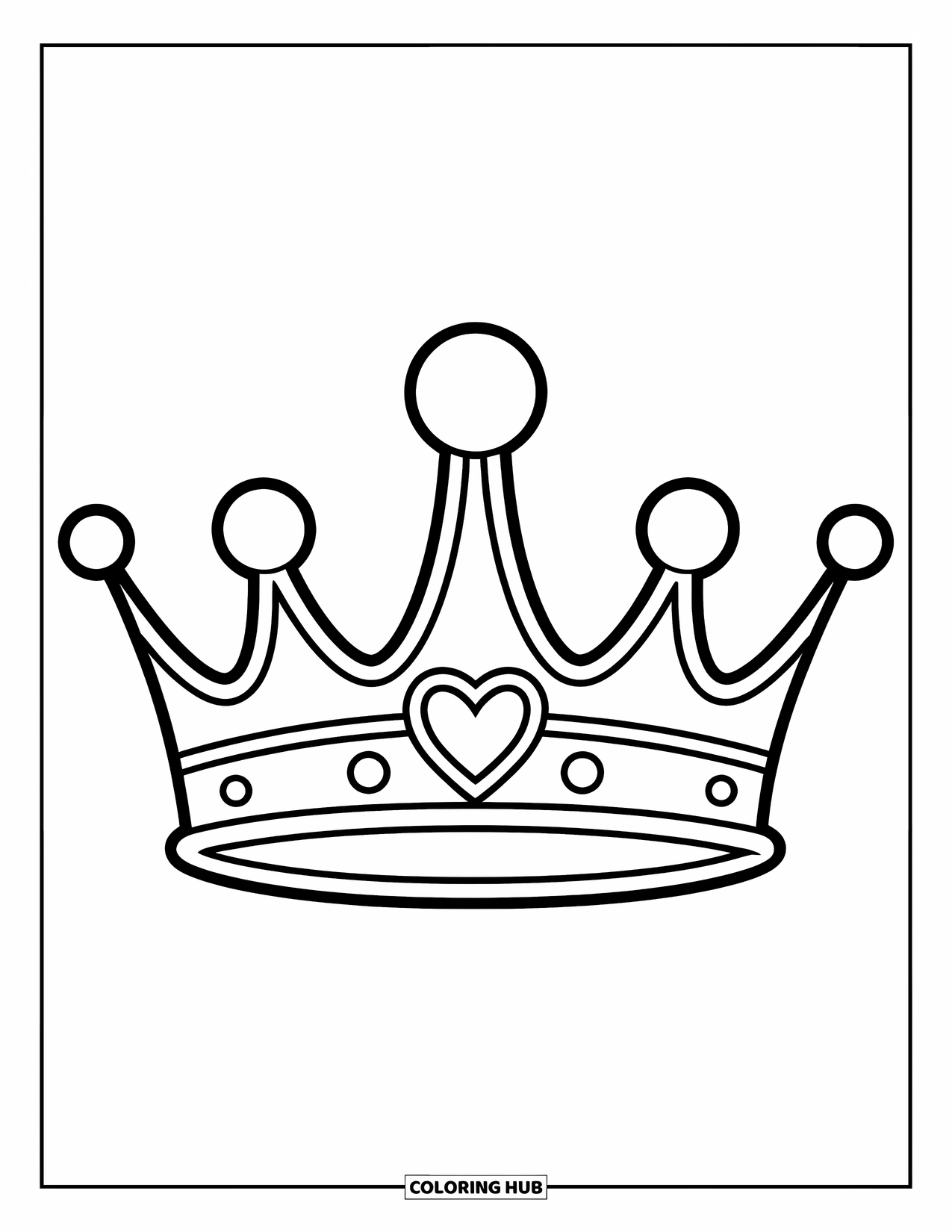 Crown Coloring Page for Kids: A big royal crown with five rounded points and a heart in the center