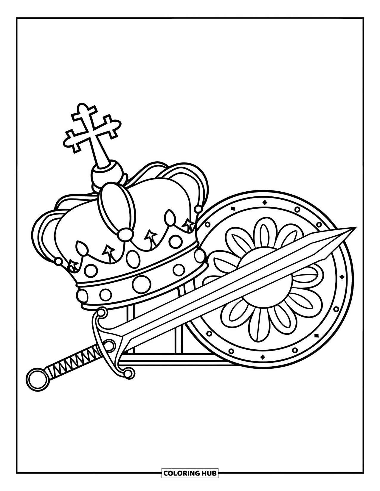 Crown Coloring Page for Kids: A crown with cross and sphere rests beside a sword and a patterned shield
