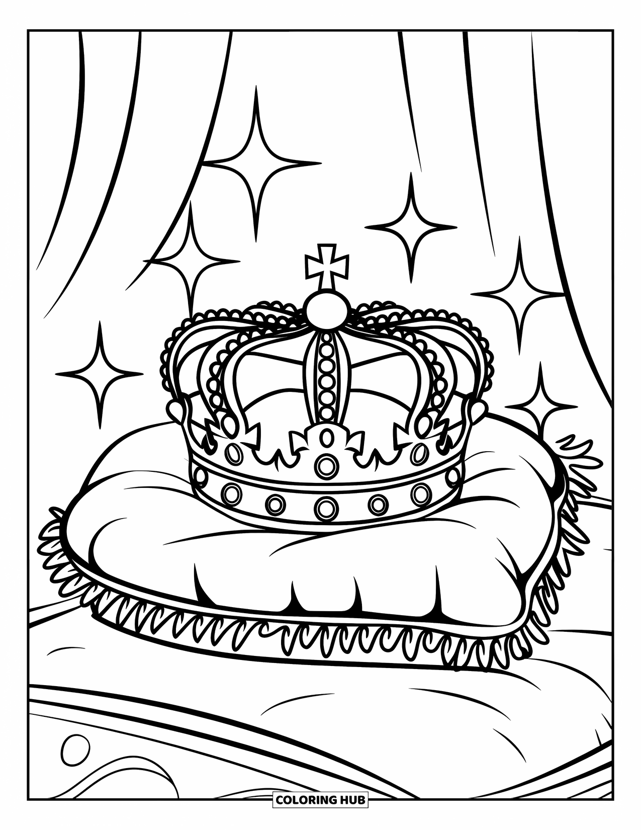Crown Coloring Page for Kids: A crown with gems rests on a velvet pillow with sparkles around it