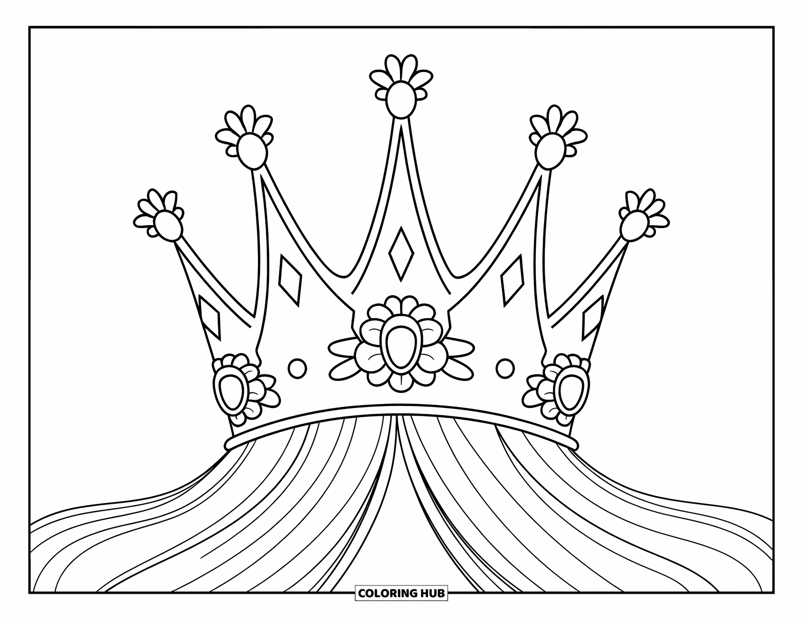 Crown Coloring Page for Kids: A crown with tall and short spikes sits on a character with long flowing hair