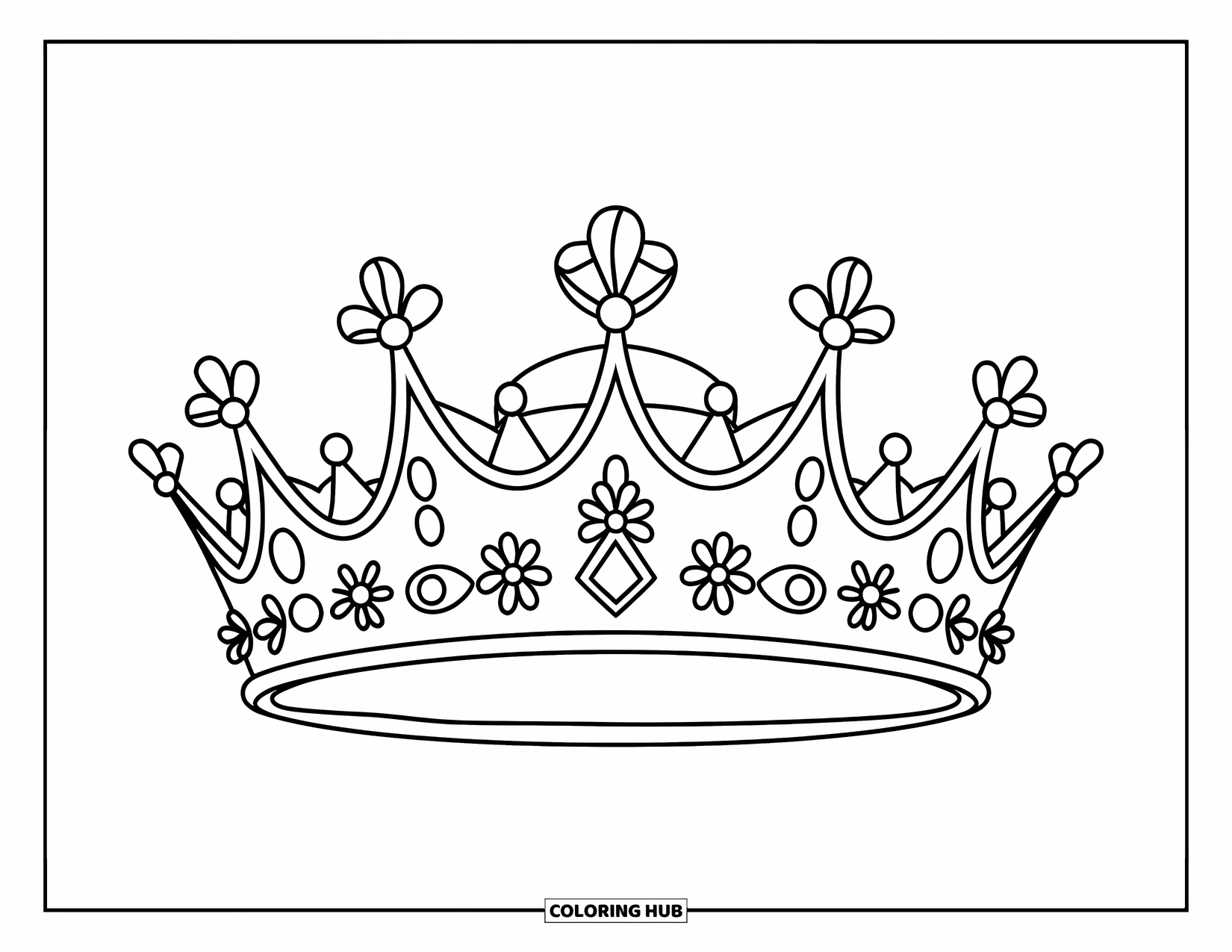 Crown Coloring Page for Kids: A floral crown with bold, tall spikes sits neatly against a white background