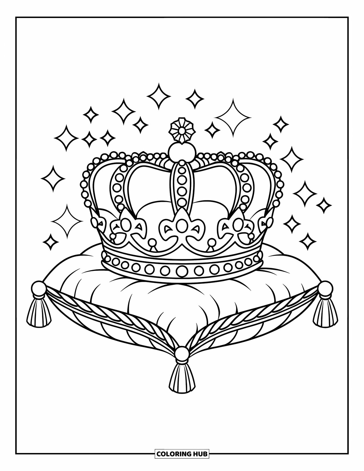Crown Coloring Page for Kids: A gem-filled crown with many points rests on a pillow with leafy trim