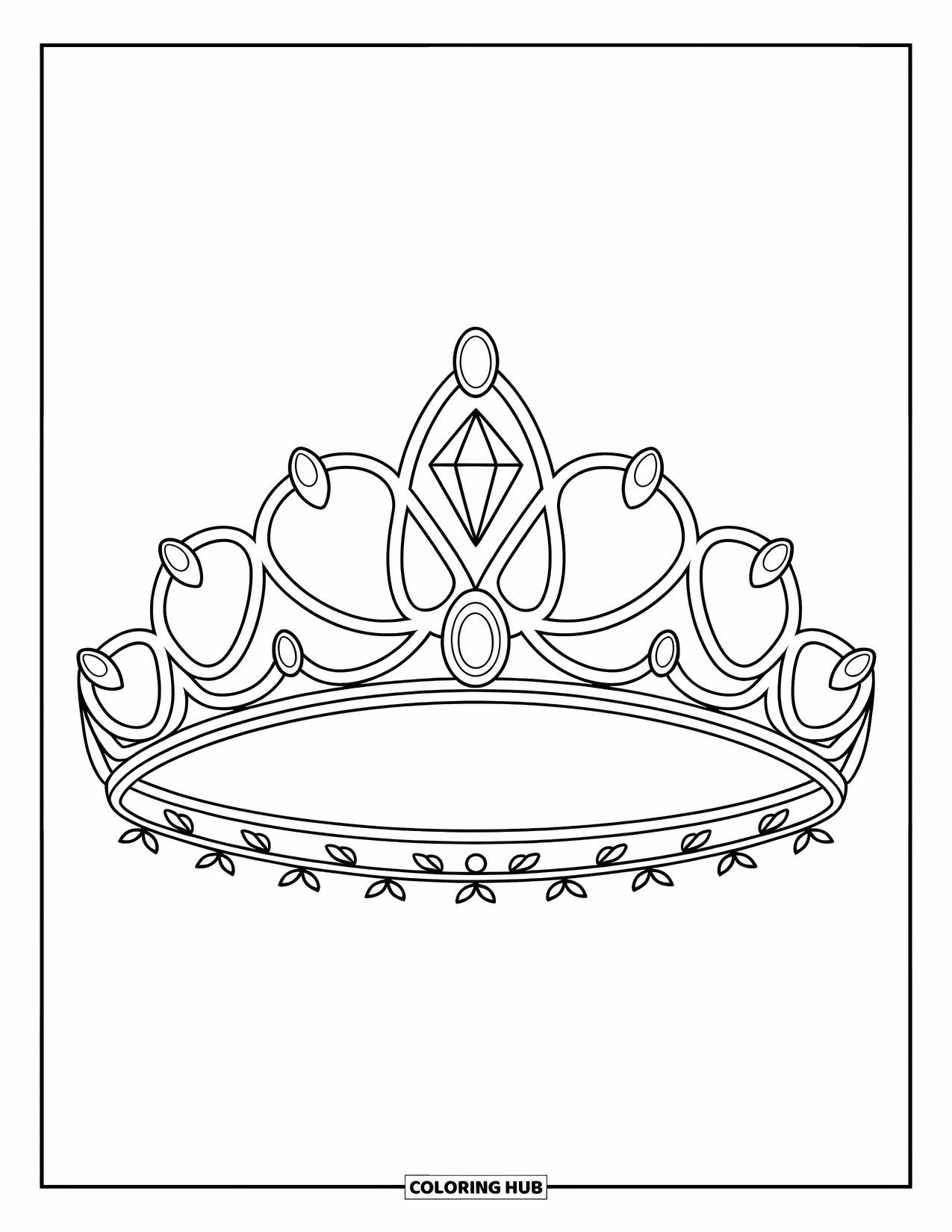 Crown Coloring Page for Kids: A gem-studded tiara with curved arms and decorative vines