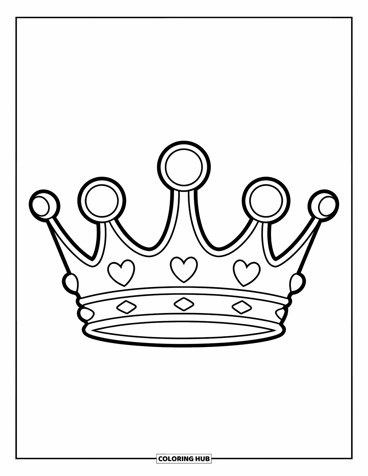 Crown Coloring Page for Kids: A heart-topped crown with rounded peaks in a simple, sweet style