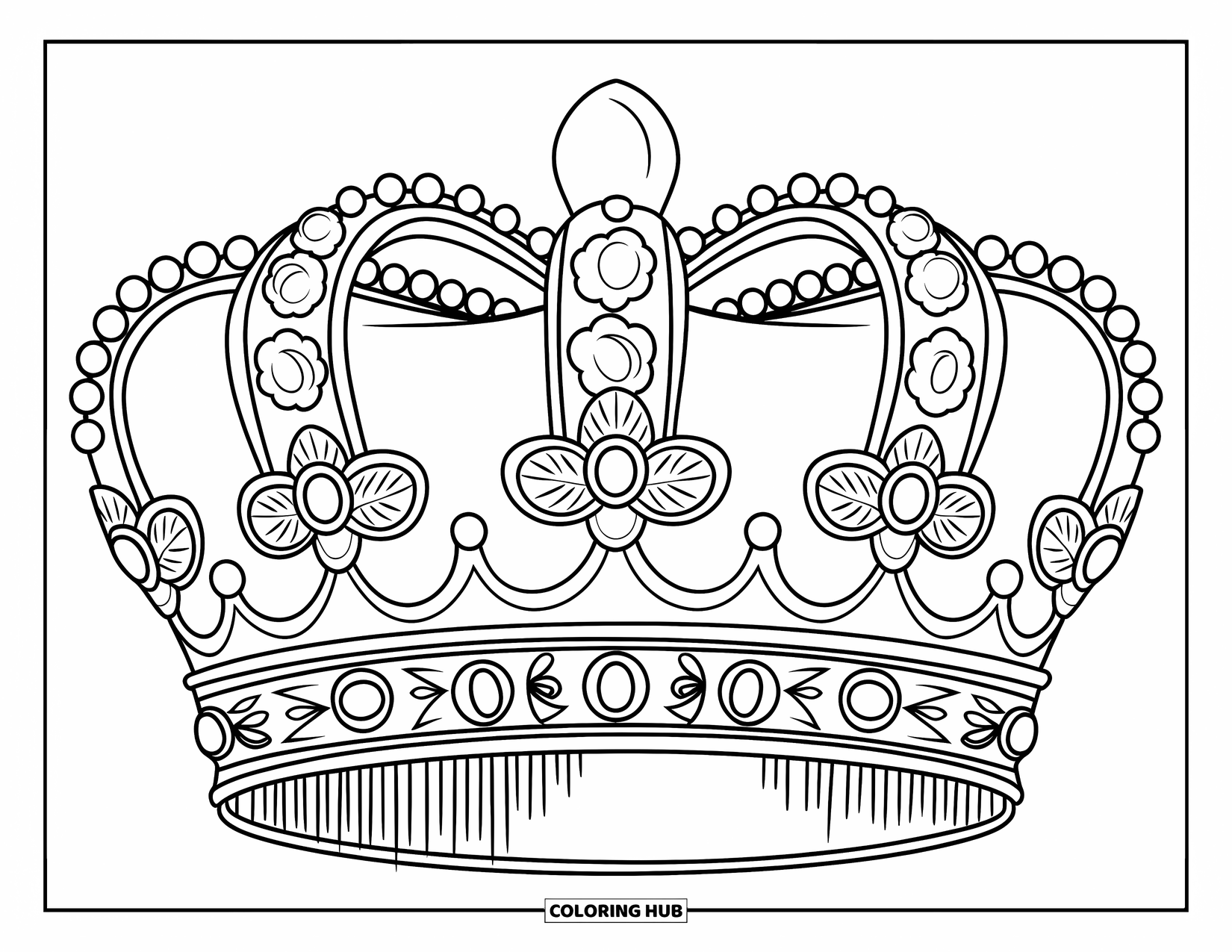 Crown Coloring Page for Kids: A high-domed crown with detailed flowers and sparkling jewel designs