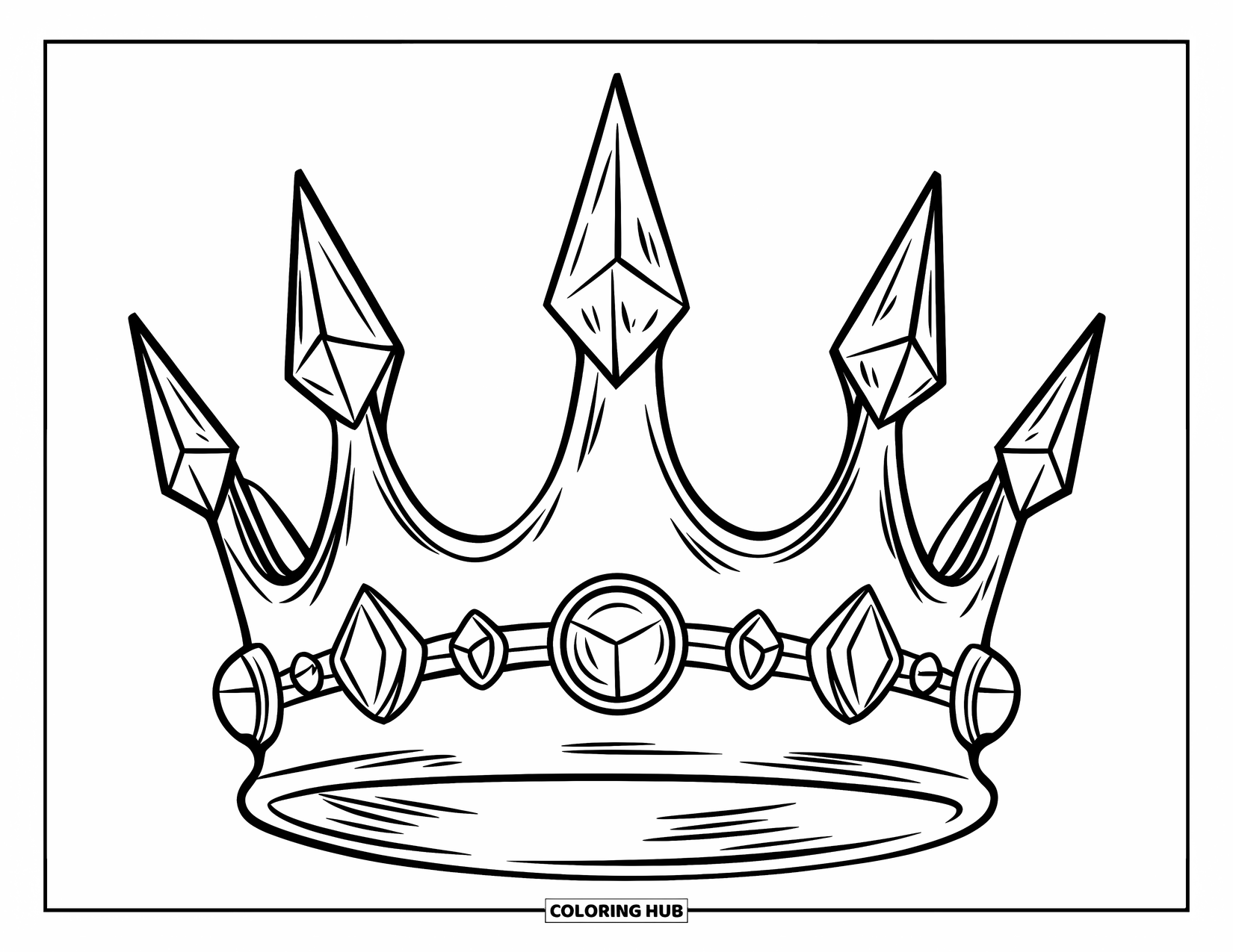 Crown Coloring Page for Kids: A jewel-studded crown sits on a character with long hair and a stylish outfit