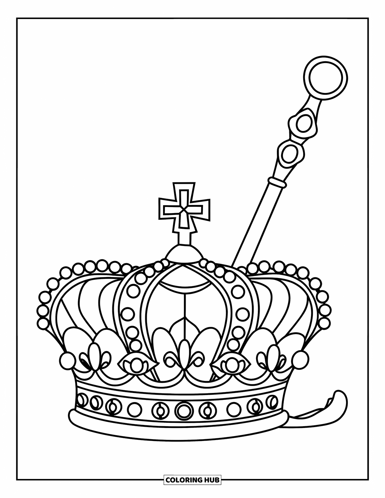 Crown Coloring Page for Kids: A jeweled ceremonial crown and scepter sit side by side
