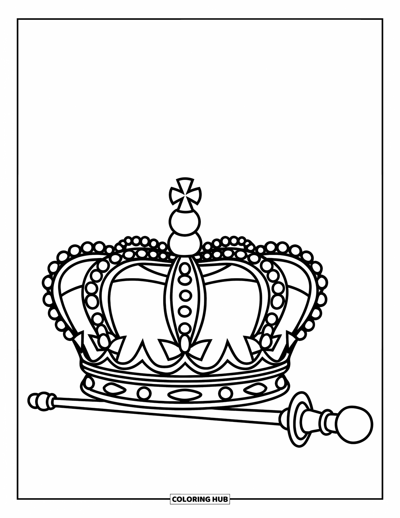Crown Coloring Page for Kids: A jeweled crown and matching scepter rest together on a simple base