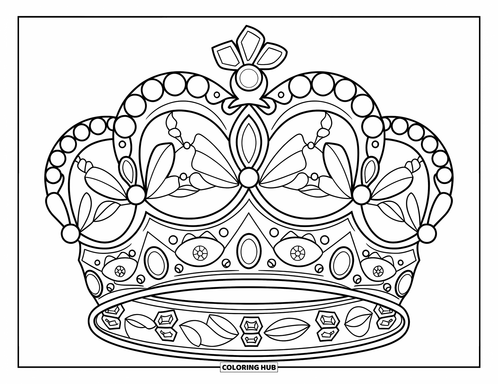 Crown Coloring Page for Kids: A round crown decorated with leaves, flowers, and sparkling gems