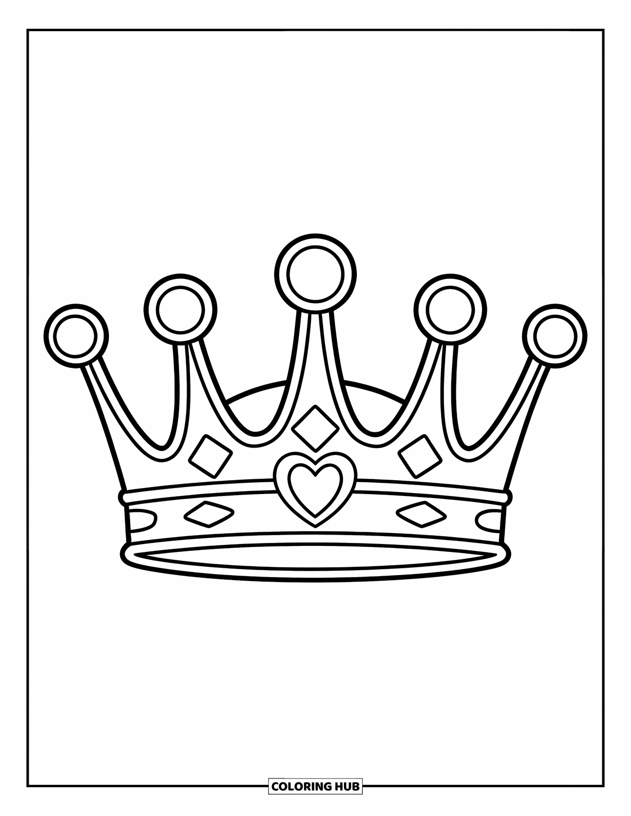Crown Coloring Page for Kids: A rounded crown with a heart and easy-to-color shapes