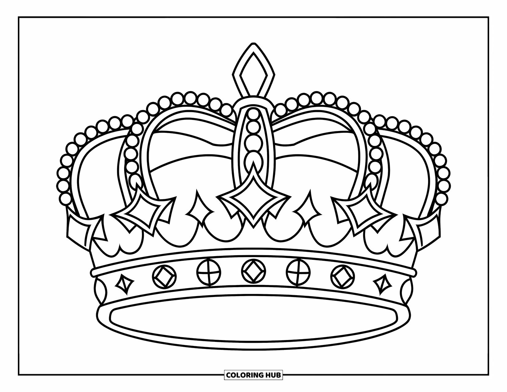 Crown Coloring Page for Kids: A royal crown with big gems and sparkles in a cheerful, playful style
