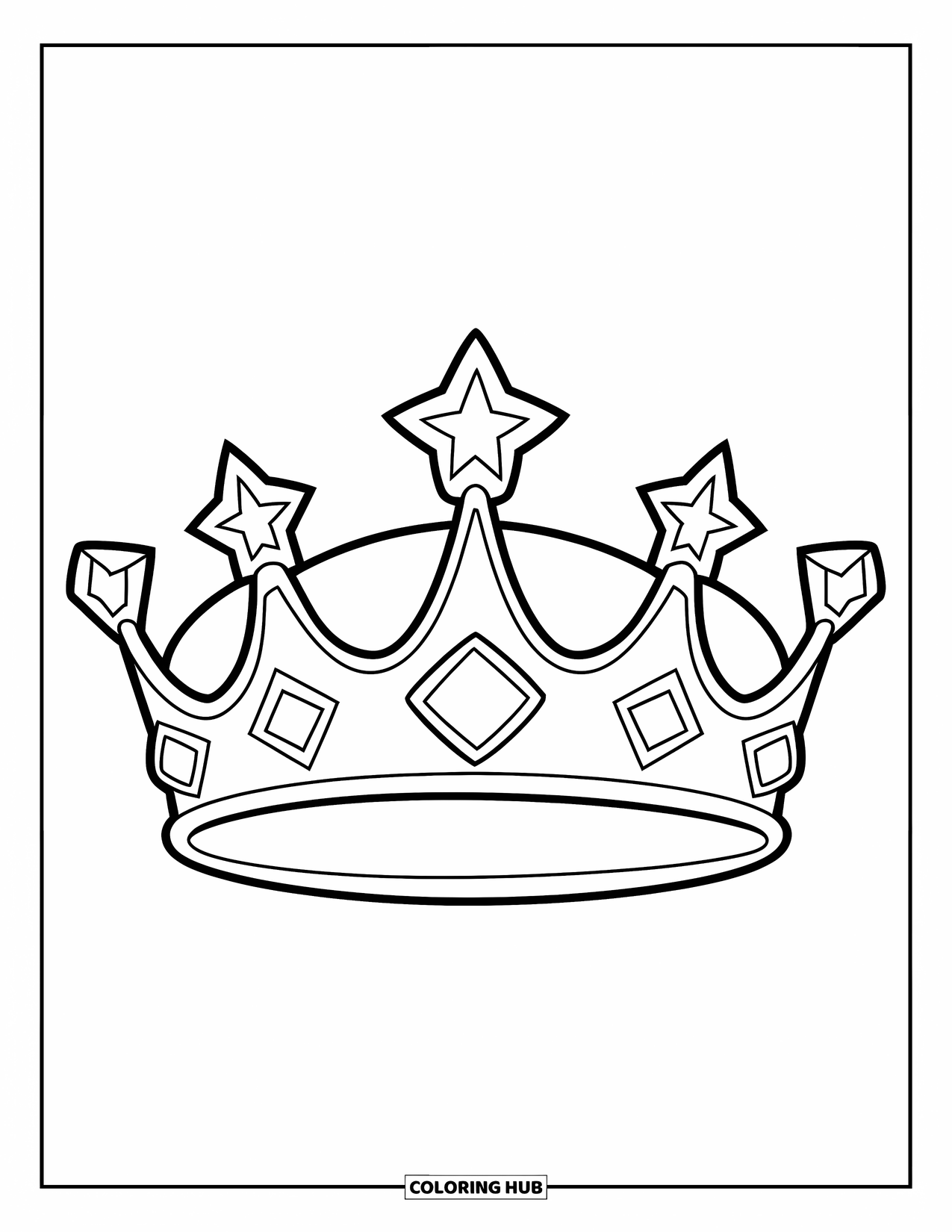 Crown Coloring Page for Kids: A starry princess crown with bold outlines and a fun, playful look