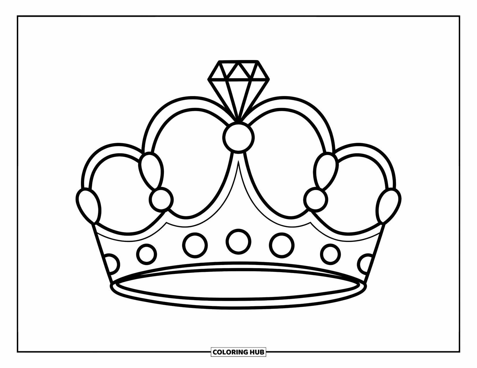 Crown Coloring Page for Kids: A tiara with a big diamond on top and cheerful round details