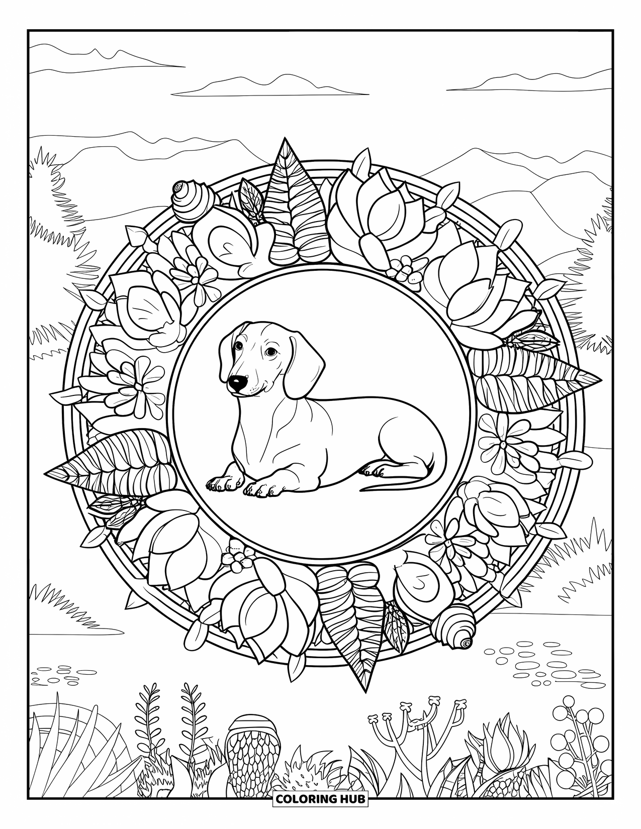 Dachshund Coloring Page for Adults: A dachshund rests inside a flower mandala backed by mountains and peaceful skies