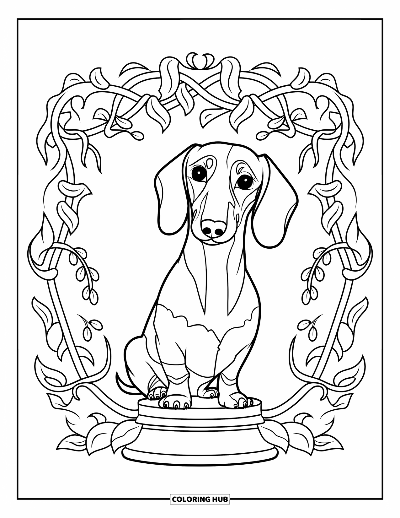 Dachshund Coloring Page for Adults: A dachshund rests on wood inside a leafy vine frame with cozy details