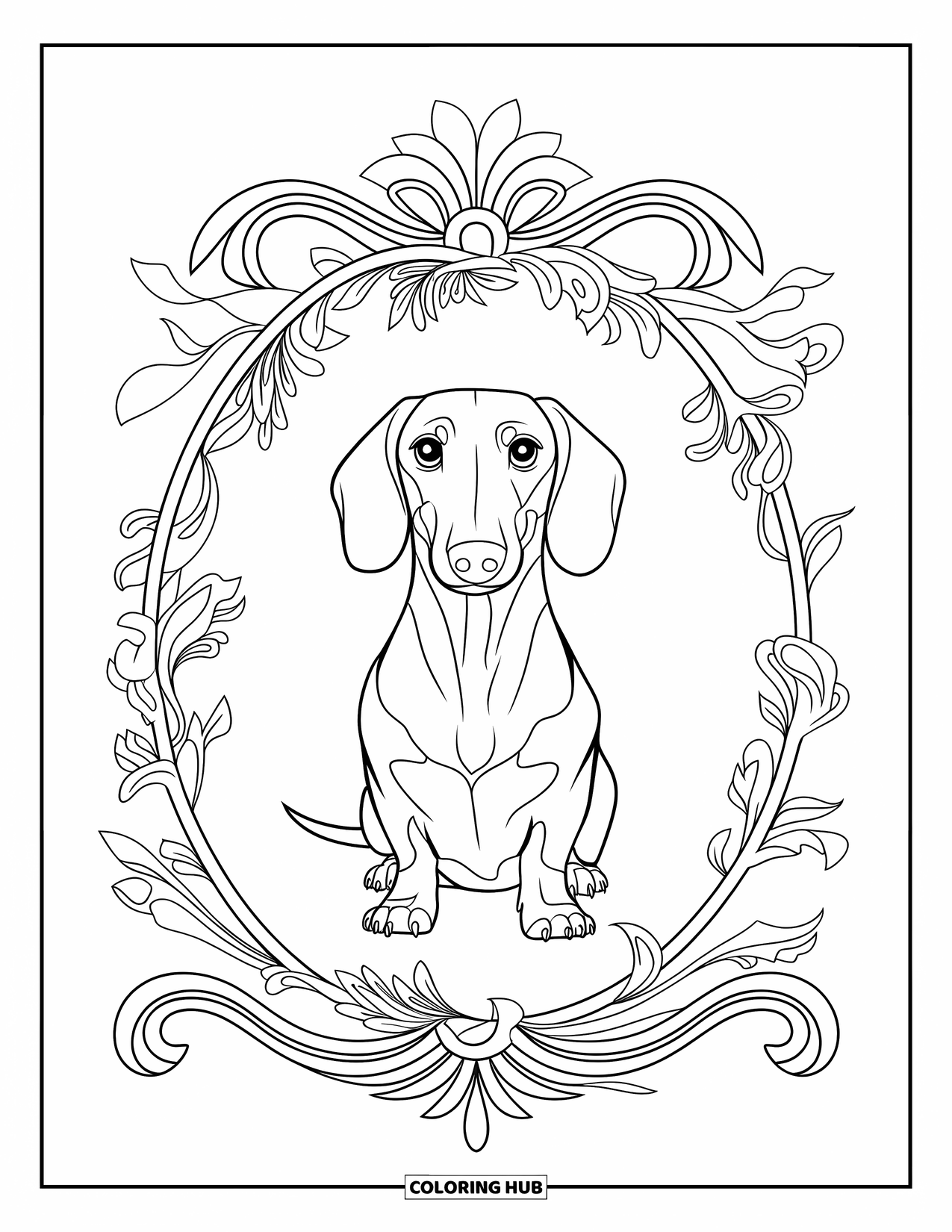Dachshund Coloring Page for Adults: A dachshund sits in a paisley frame filled with gentle swirls and floral accents