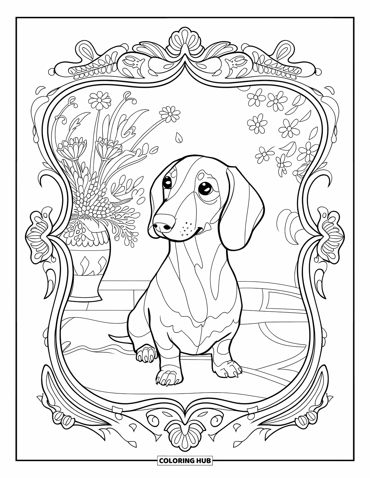 Dachshund Coloring Page for Adults: A dachshund sits on a carpet inside a paisley frame near a vase of flowers