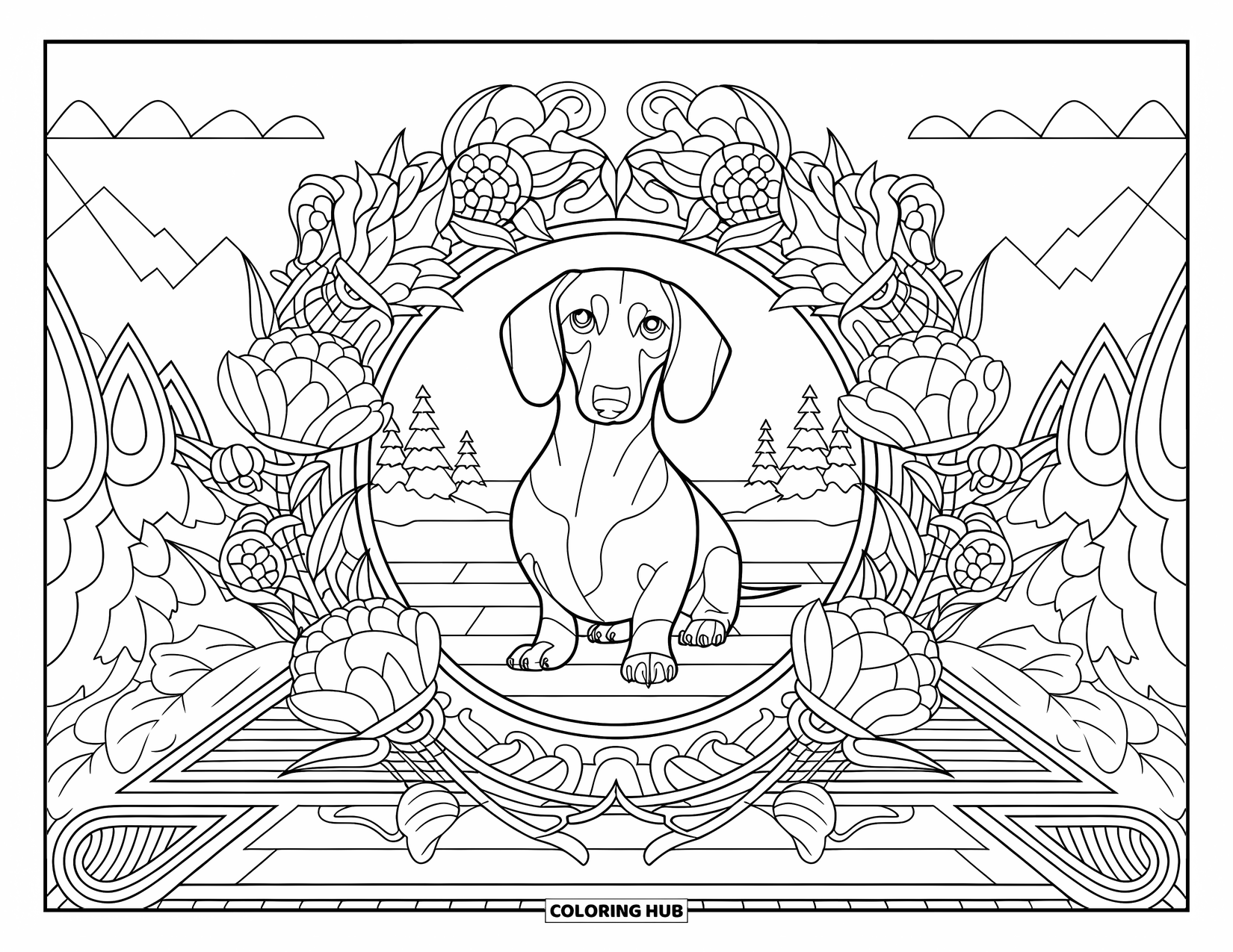 Dachshund Coloring Page for Adults: A dachshund sits on a wooden platform framed by vines, flowers, and peaceful scenery