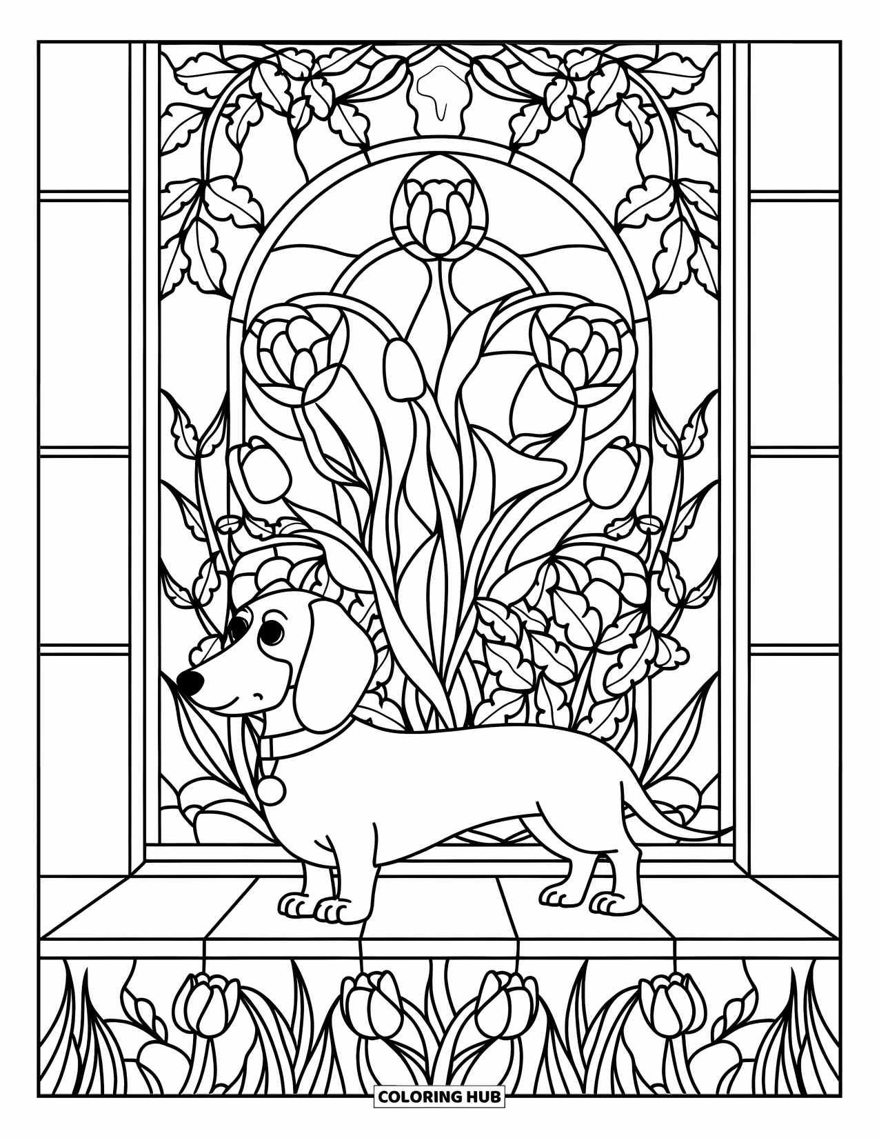 Dachshund Coloring Page for Adults: A dachshund with a collar stands before a wall of stained glass ivy and tulips