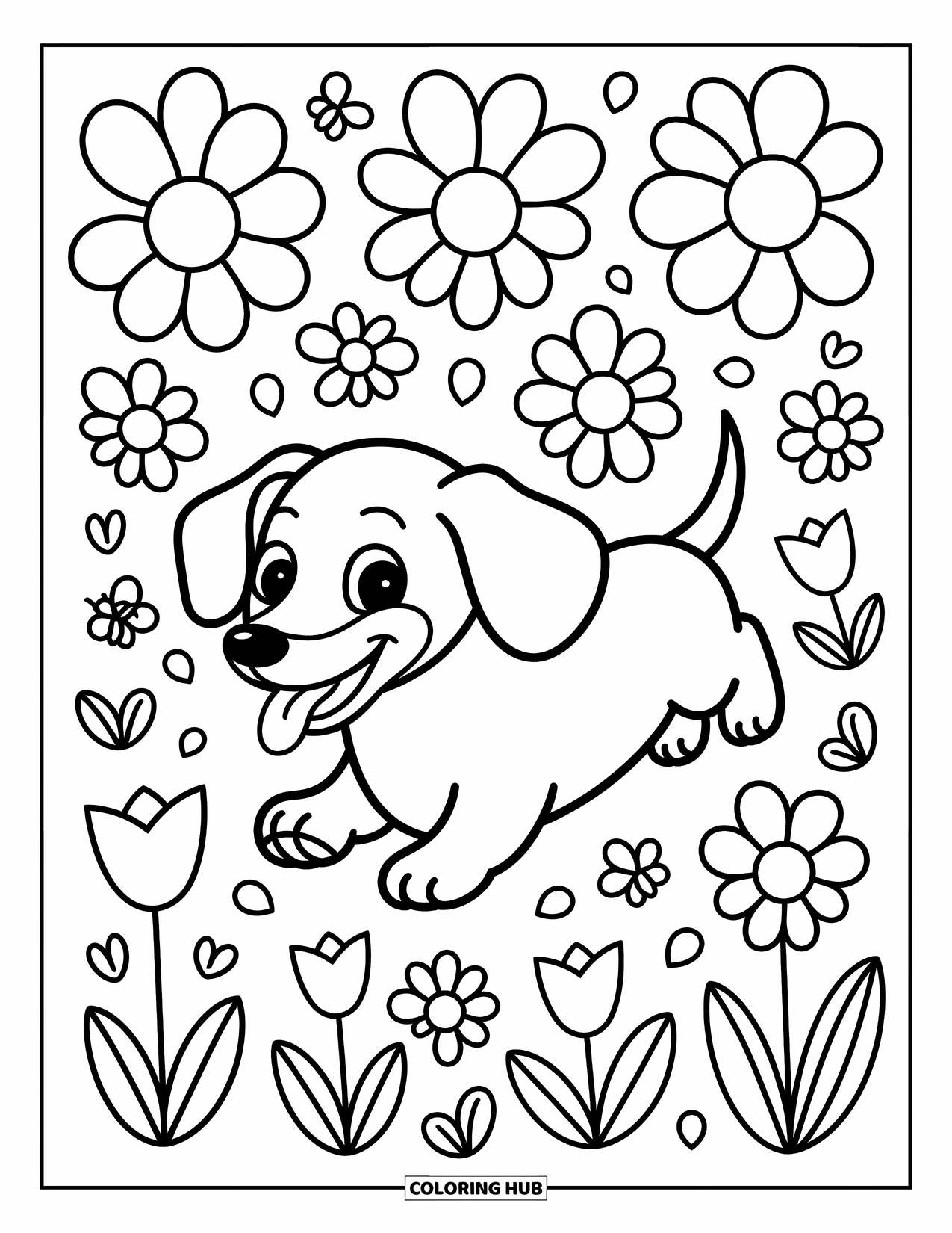 Dachshund Coloring Page for Adults: Butterflies and blossoms dance as a cheerful dachshund dashes through the field