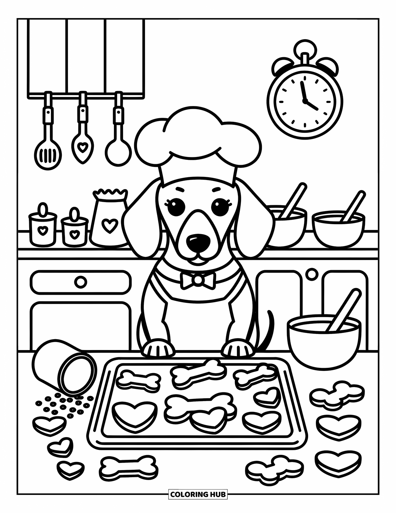 Dachshund Coloring Page for Adults: Dachshund in an apron bakes cookies beside bowls, flour, and kitchen doodads