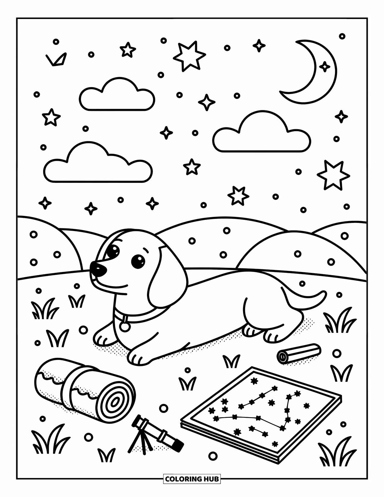Dachshund Coloring Page for Adults: Dachshund lies on a hill, gazing at moon, stars, and constellation sparkles