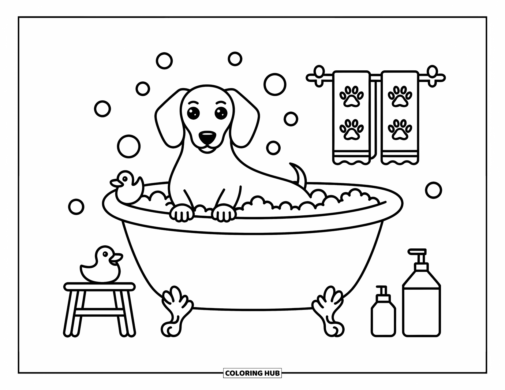 Dachshund Coloring Page for Adults: Dachshund sits in a bubble-filled claw-foot tub with a rubber duck and soft towels