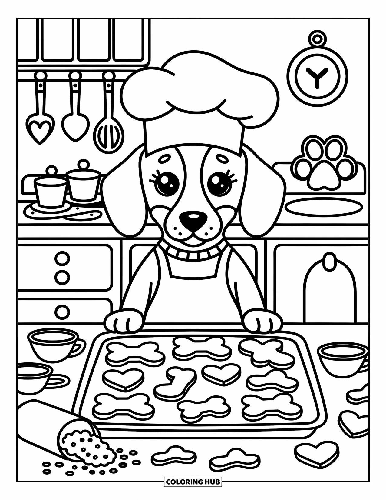 Dachshund Coloring Page for Adults: Little chef dachshund stands by cookie trays in a flour-covered cozy kitchen