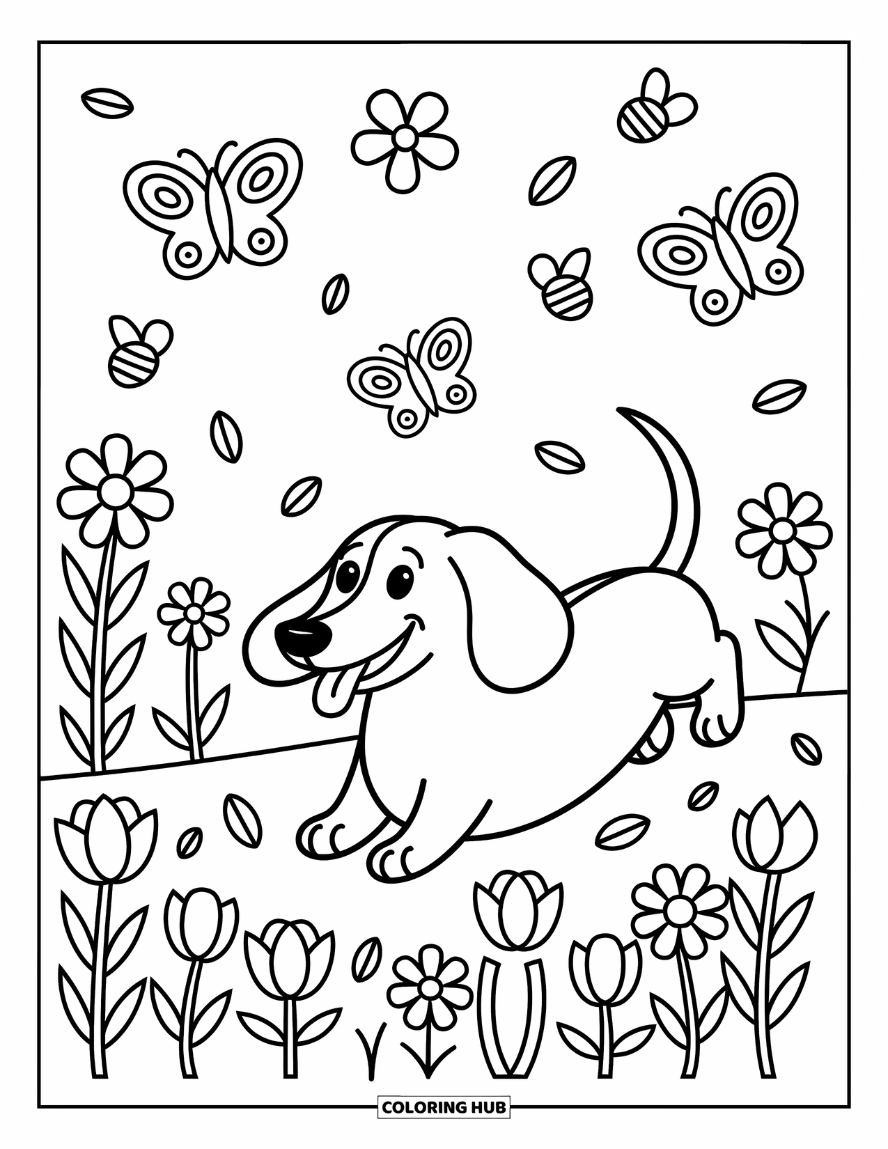 Dachshund Coloring Page for Adults: Playful dachshund chases butterflies through a field of tulips and daisies