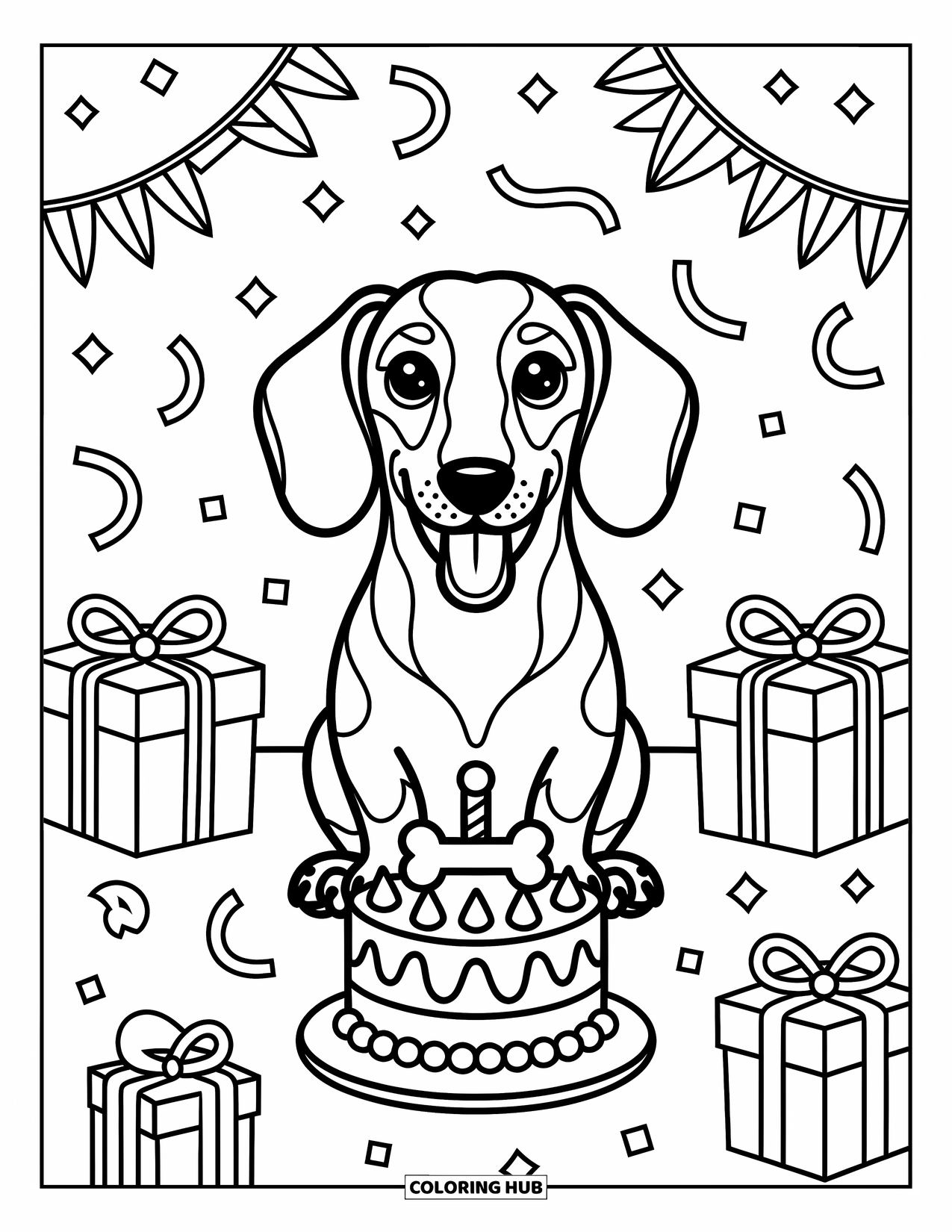 Dachshund Coloring Page for Adults: Pup in a party hat sits beside a bone-topped cake and wrapped gifts