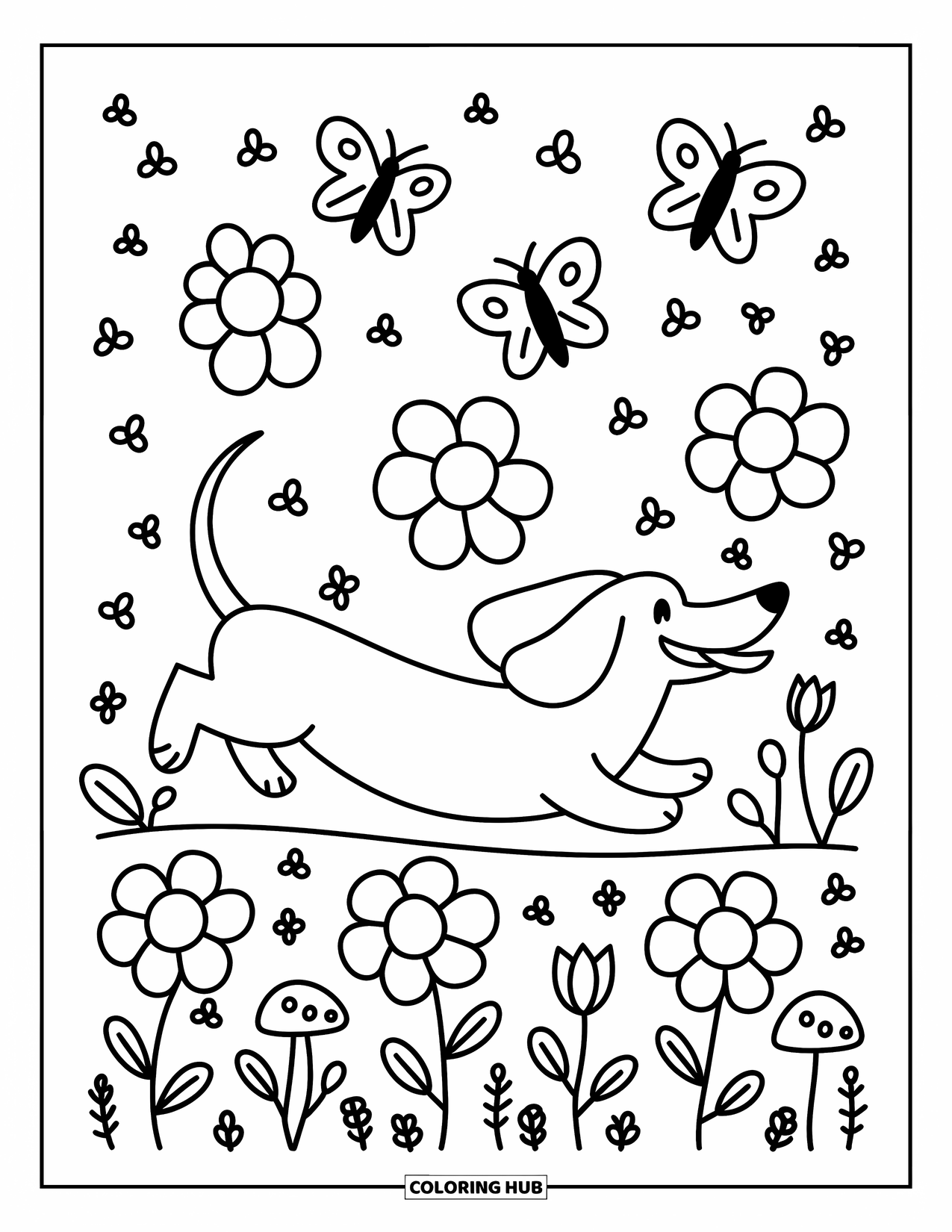 Dachshund Coloring Page for Adults: Pup sprints through tulips, daisies, and buzzing bees in a whimsical flower field