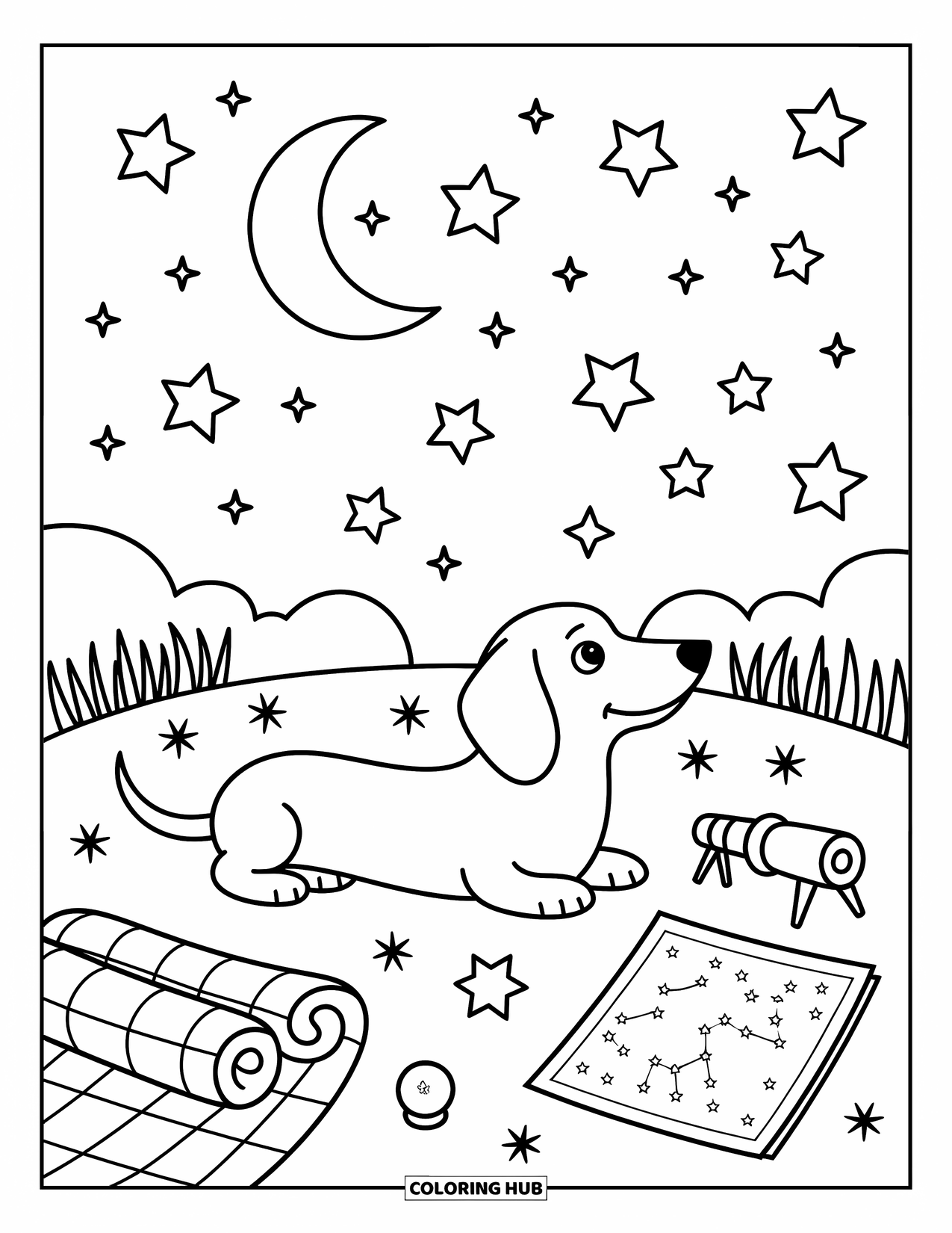 Dachshund Coloring Page for Adults: Pup stargazes with a telescope and map under a sky of sparkly kawaii stars