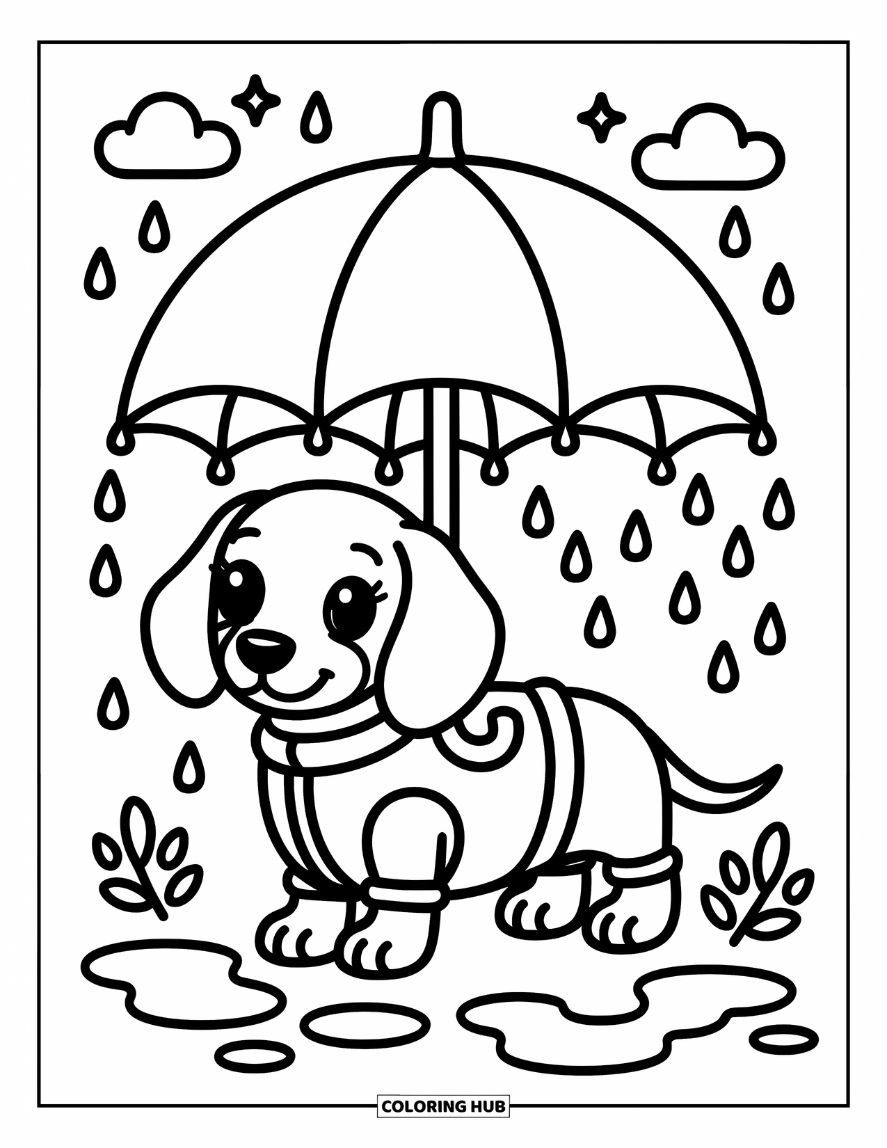 Dachshund Coloring Page for Adults: Raindrops fall around a tiny pup in a raincoat beneath an umbrella